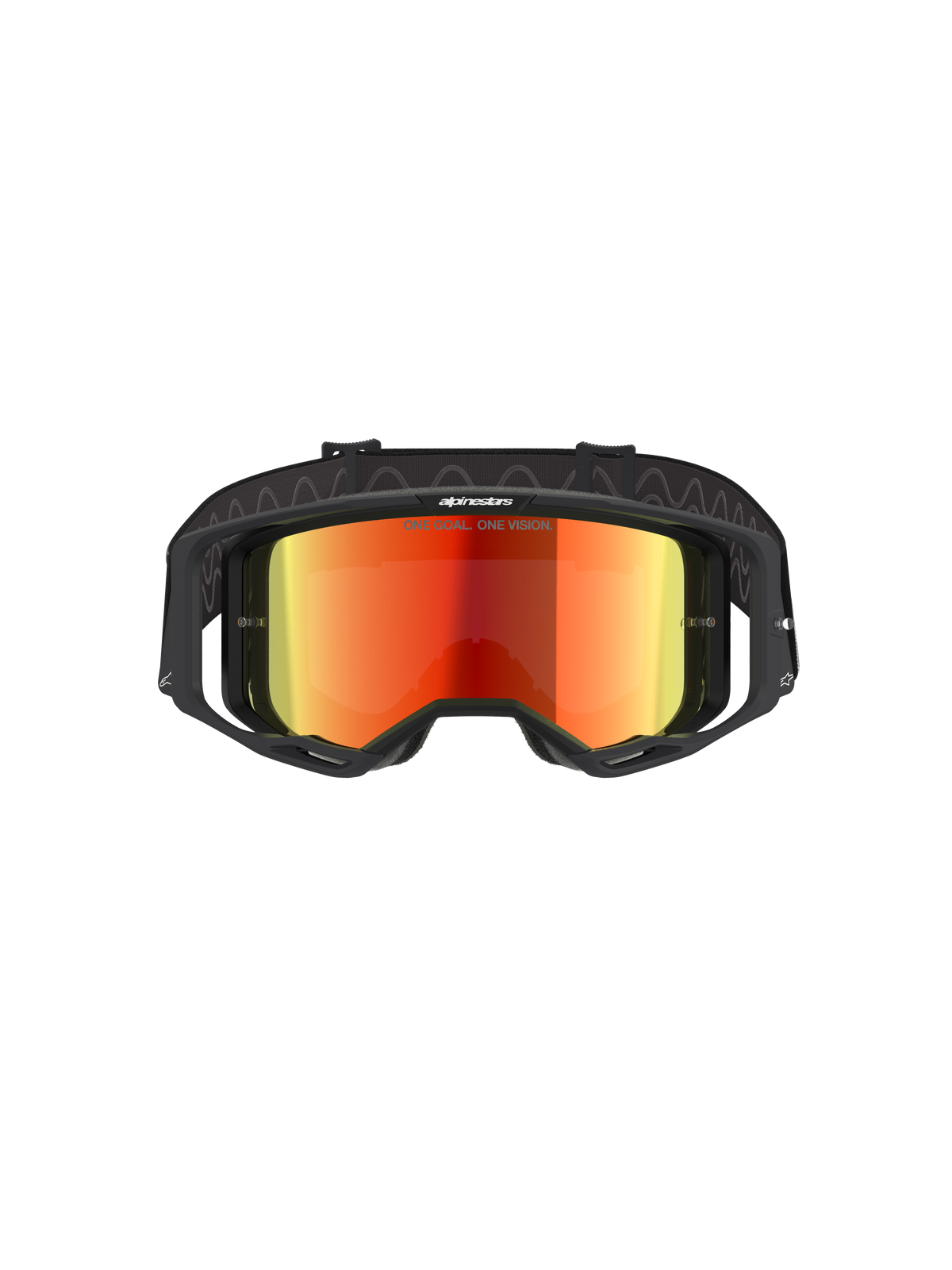 Óculos Alpinestars Vision 8 Corp, óculos de motocross, pretos e vermelho espelhado, vista frontal com lente refletora vermelha com o texto 'ONE GOAL. ONE VISION.', armação preta com ventilação RAM-AIR, correia preta ajustável, proteção ocular profissional para corridas todo-o-terreno