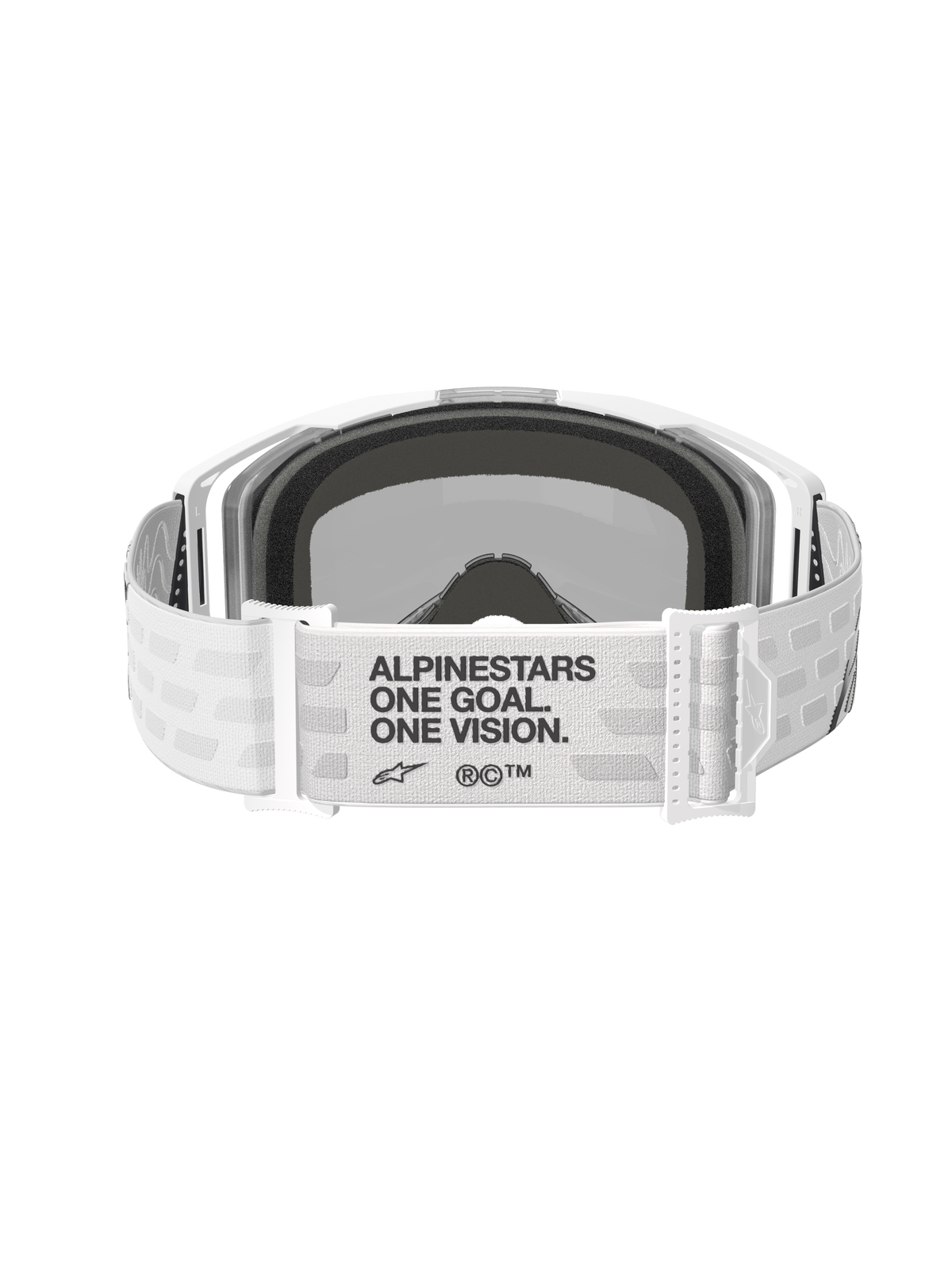 Óculos Alpinestars Vision 8 Corp, óculos de motocross, brancos com lente Mirror Silver, vista traseira apresentando uma correia larga em tecido branco com o texto em preto 'ALPINESTARS ONE GOAL. ONE VISION.', fivelas ajustáveis e espuma facial confortável, concebidos para performance em todo-o-terreno