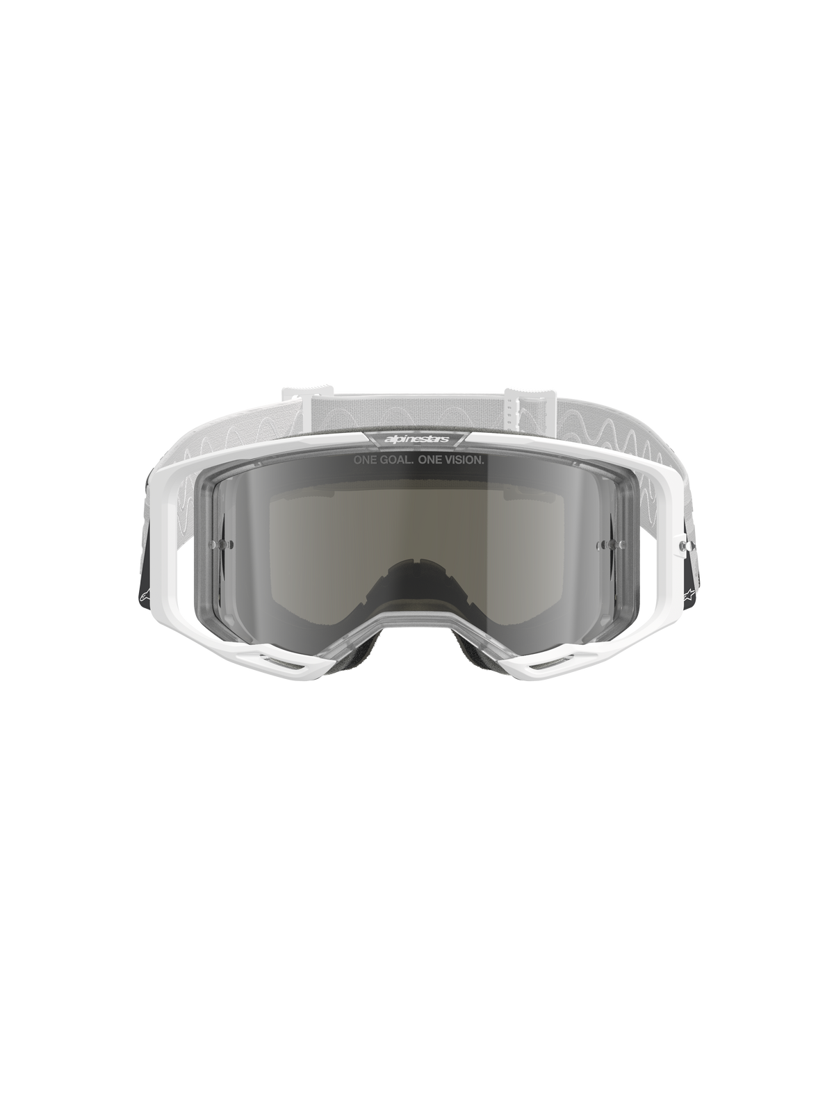 Alpinestars Vision 8 Corp Goggles, óculos de motocross, brancos com lente Mirror Silver, vista frontal com lente de policarbonato de ângulo amplo, sistema de ventilação RAM-AIR e correia tecida branca com logótipo.