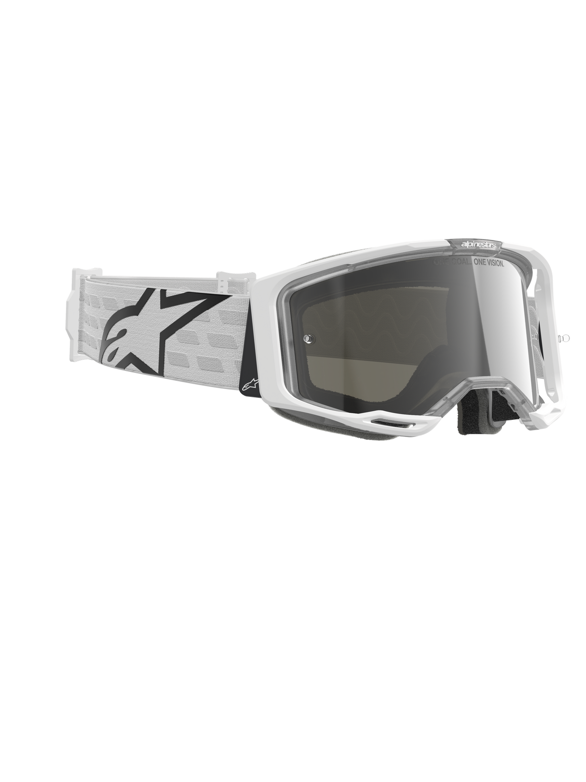 Óculos Alpinestars Vision 8 Corp, óculos de motocross, branco e prateado espelhado, com armação A-FLEX branca, lente prateada espelhada e correia tecida branca com um grande logótipo de estrela Alpinestars em preto