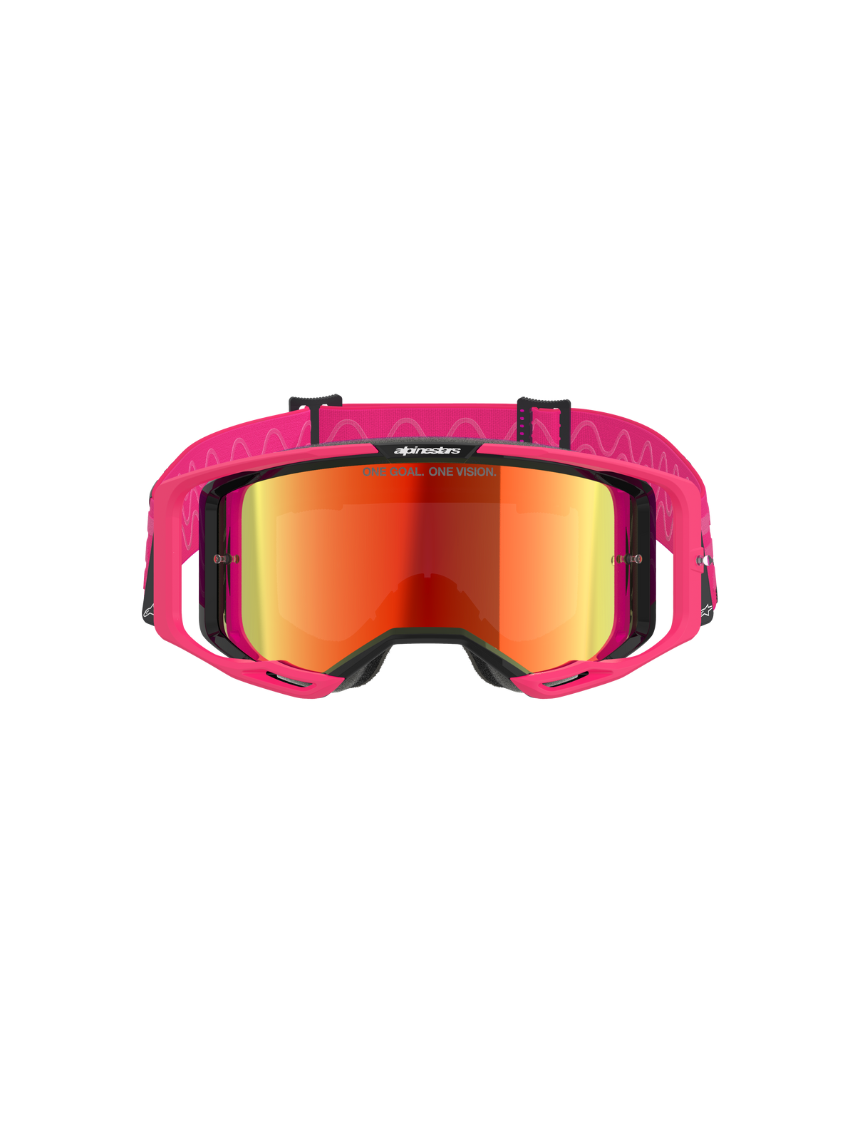 Alpinestars Vision 8 Corp Goggles, óculos de motocross, armação cor-de-rosa com lente Mirror Red, fita larga rosa com padrão de silicone ondulado, armação A-FLEX com suportes laterais, óculos de alto desempenho para todo-o-terreno