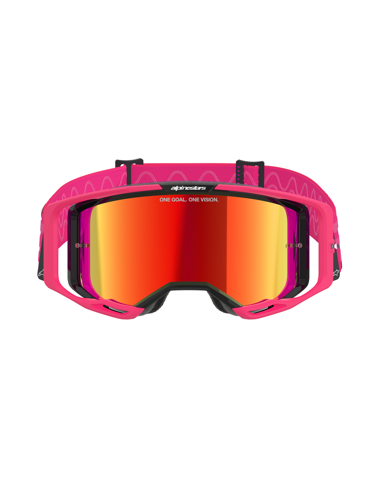 Óculos Alpinestars Vision 8 Corp, óculos de motocross, Pink Mirror Red, com armação A-FLEX rosa e lente vermelha espelhada, correia rosa com padrões ondulados brancos e logótipo, óculos de proteção profissionais para off-road