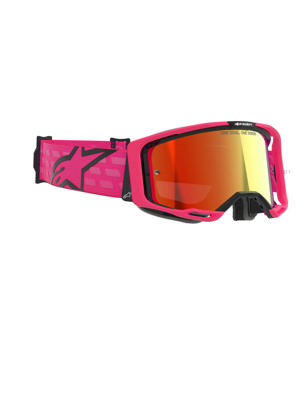 Alpinestars Vision 8 Corp Goggles, óculos de motocross, rosa e vermelho espelhado, com uma armação rosa vibrante e correia larga com logótipo Alpinestars preto, lente vermelha espelhada anti-embaciamento, óculos de alto desempenho para corridas todo-o-terreno