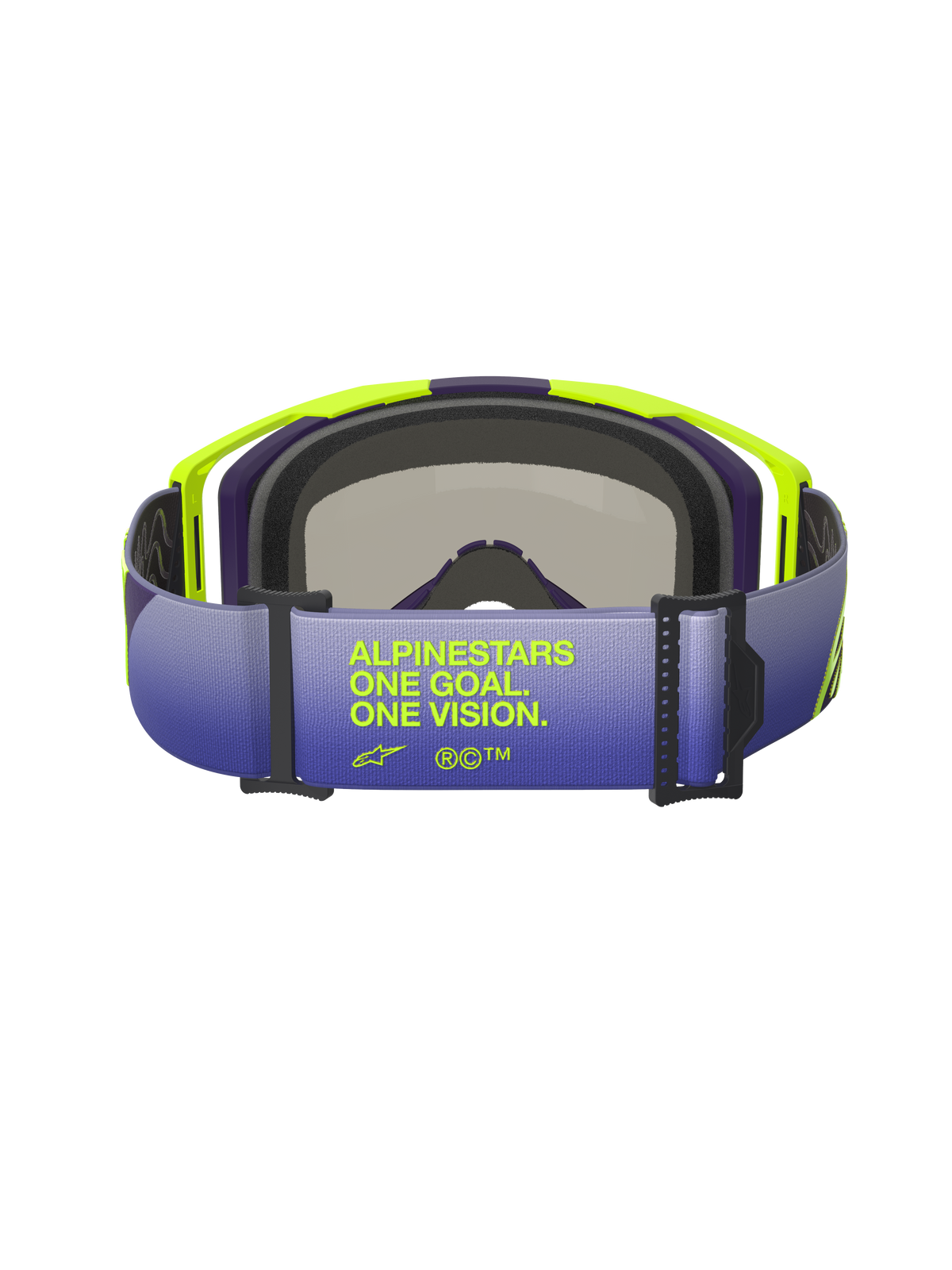 Óculos Alpinestars Vision 8 Corp, vista traseira com foco na correia em degradê roxo e azul, com o texto 'ALPINESTARS ONE GOAL. ONE VISION.' em amarelo fluorescente, armação A-FLEX em amarelo vibrante e roxo com espuma facial preta, óculos de motocross profissionais.