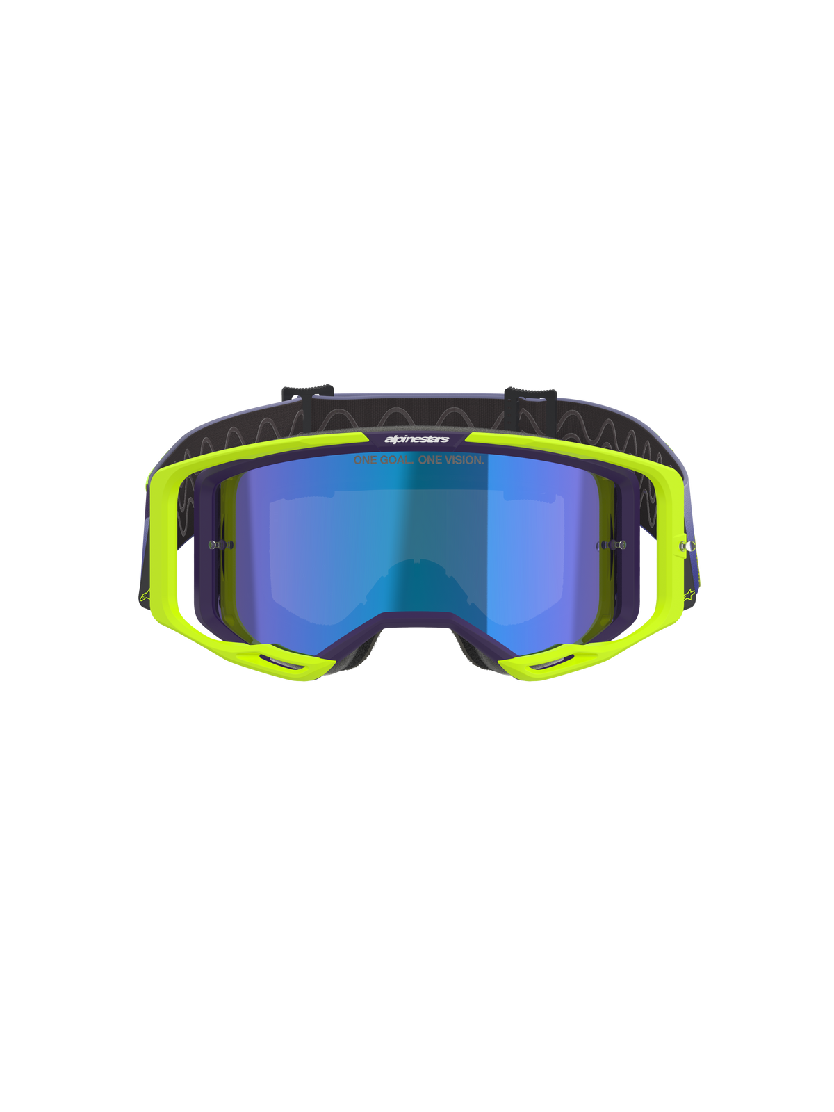 Óculos Alpinestars Vision 8 Corp, óculos de motocross, roxo e amarelo fluorescente, com lente azul espelhada, armação A-FLEX amarela fluorescente com detalhes roxos e correia roxa ajustável, equipamento de proteção ocular de alta performance para todo-o-terreno