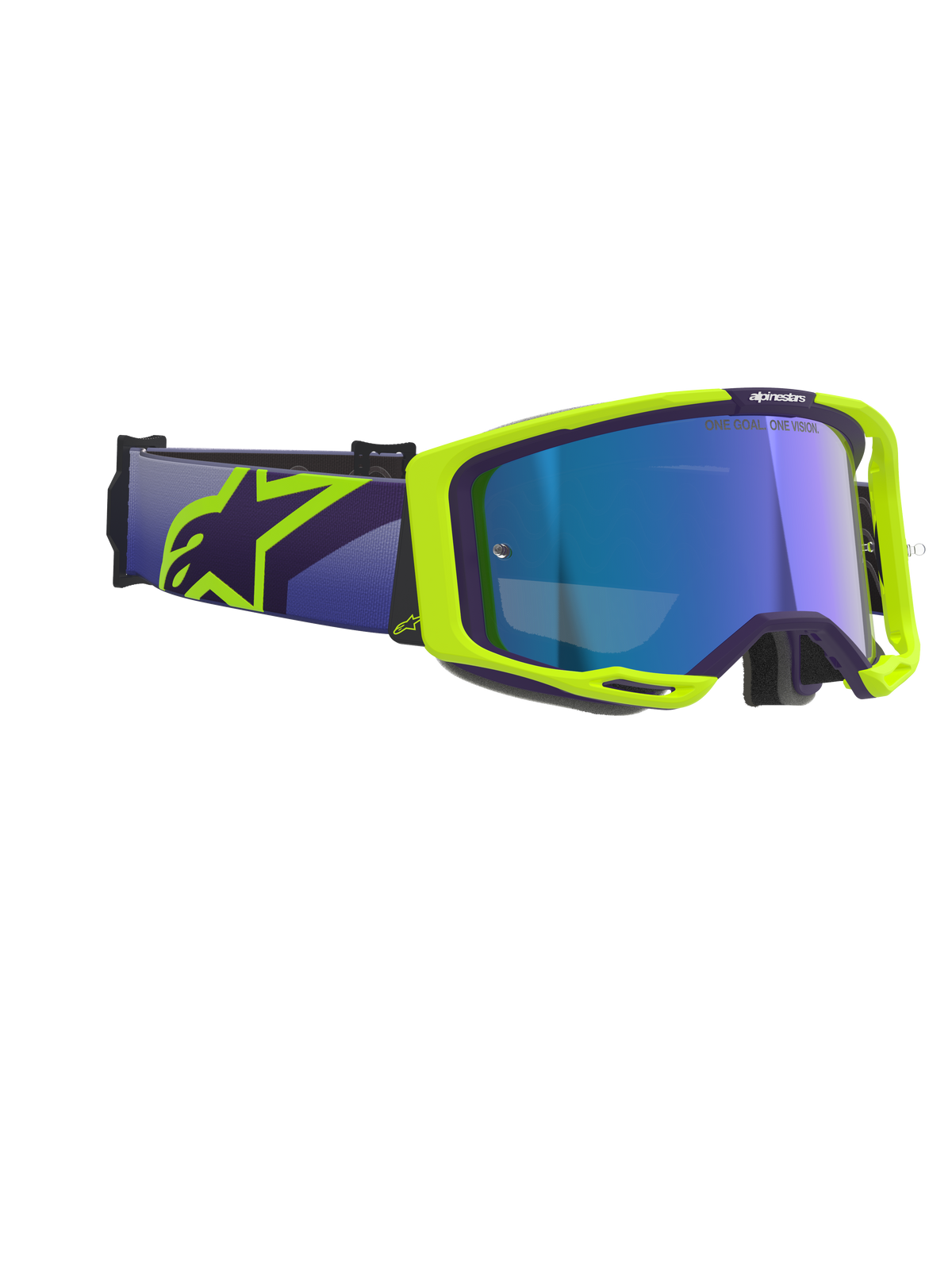 Óculos Alpinestars Vision 8 Corp, óculos de motocross, roxo e amarelo fluorescente, com lente azul espelhada, correia larga roxa com logótipo Alpinestars em amarelo vibrante, armação flexível com detalhes de ventilação para performance em todo-o-terreno