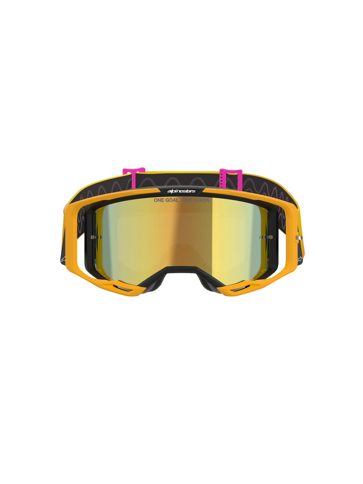 Alpinestars Vision 8 Corp Goggles, óculos de motocross, laranja, amarelo, rosa e dourado espelhado, vista frontal com lente dourada espelhada com o texto 'ONE GOAL. ONE VISION.', armação cor de laranja vibrante e correia preta com clipes cor-de-rosa e padrões de linhas onduladas.
