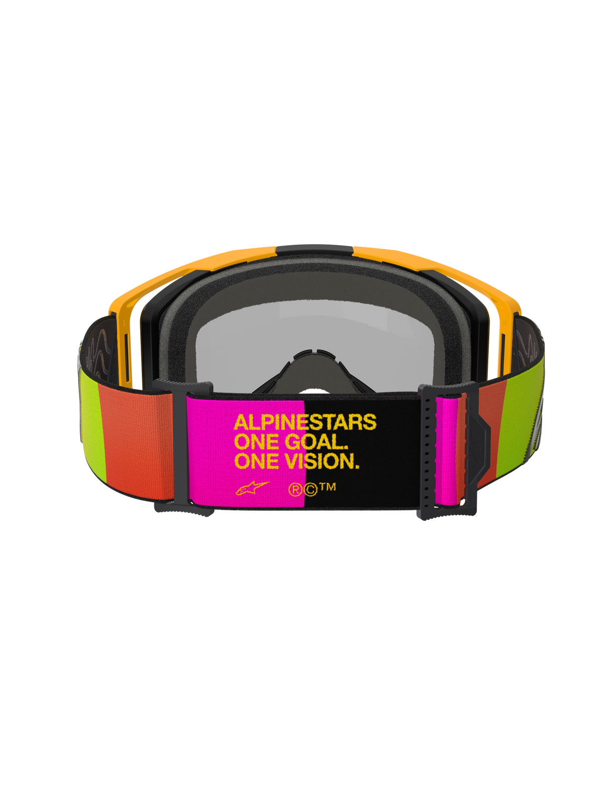 Alpinestars Vision 8 Corp Goggles, óculos de motocross, amarelos e cor-de-rosa, vista traseira com correia ajustável e slogan "ALPINESTARS ONE GOAL. ONE VISION.", detalhes em lima vibrante e laranja, armação amarela com espuma facial cinzenta