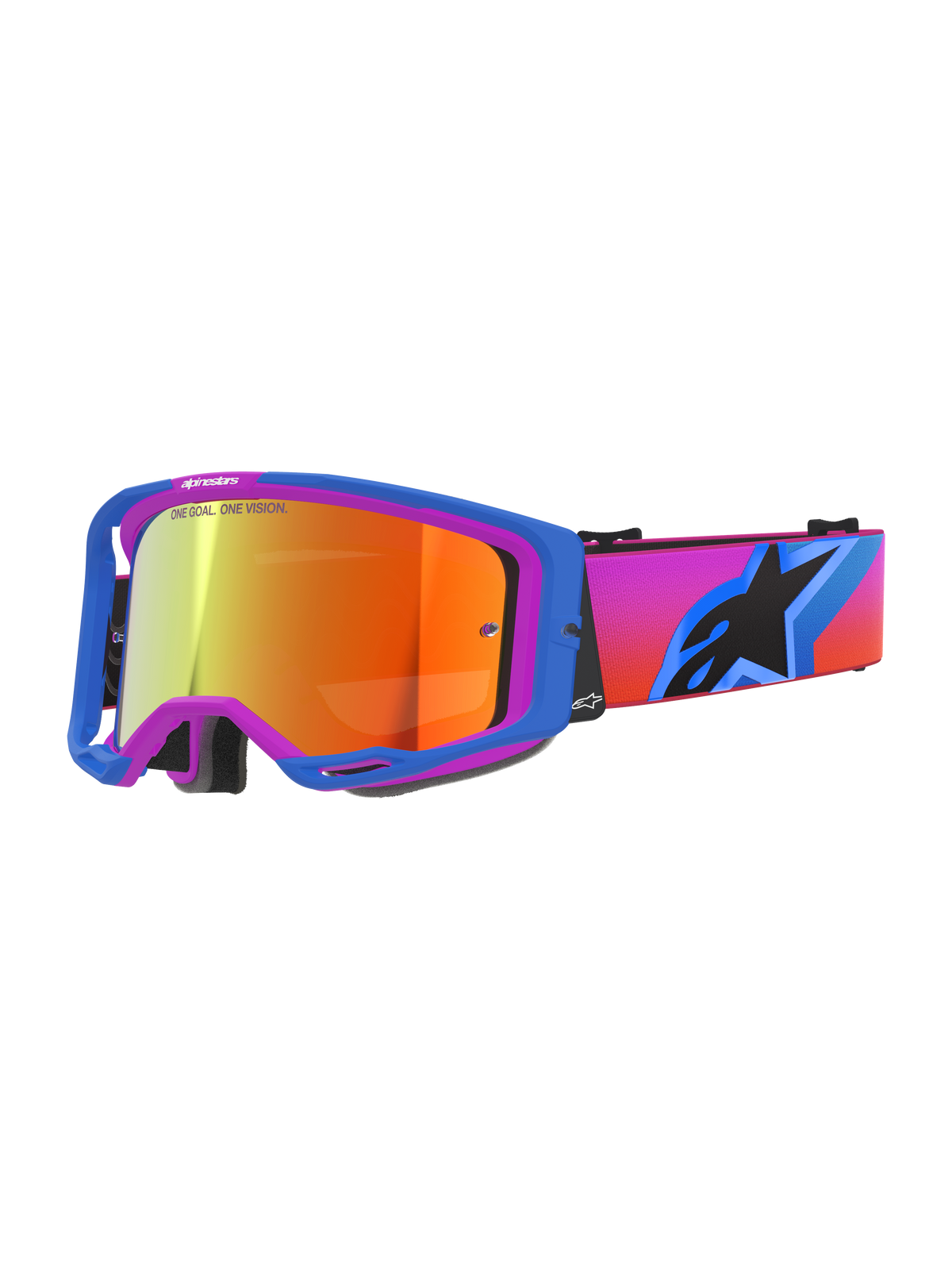 Alpinestars Vision 8 Corp Goggles, óculos de motocross com armação A-FLEX azul e roxa, lente espelhada laranja com a inscrição 'ONE GOAL. ONE VISION.', correia em degradê de rosa para laranja com um grande logótipo de estrela preto, proteção ocular de alto desempenho para todo-o-terreno