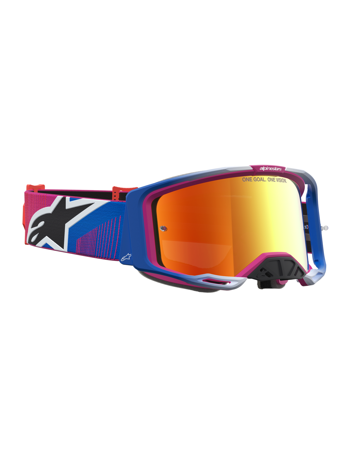 Óculos Alpinestars Vision 8 Maven, óculos de motocross com armação A-FLEX azul e rosa, lente espelhada vermelha fire red e sistema de ventilação RAM-AIR.