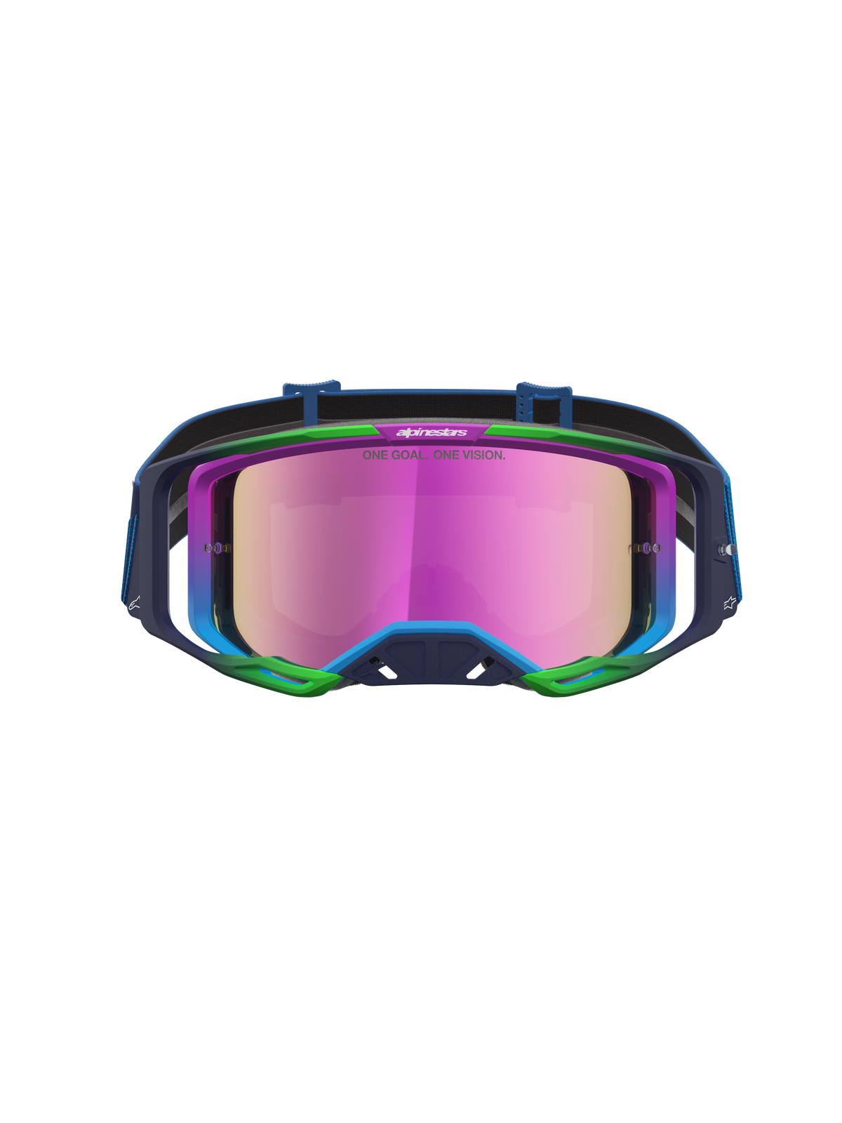 Alpinestars Vision 8 Maven, óculos de motocross para todo-o-terreno, azuis e verdes com lente espelhada rosa, armação A-FLEX e sistema de ventilação RAM-AIR