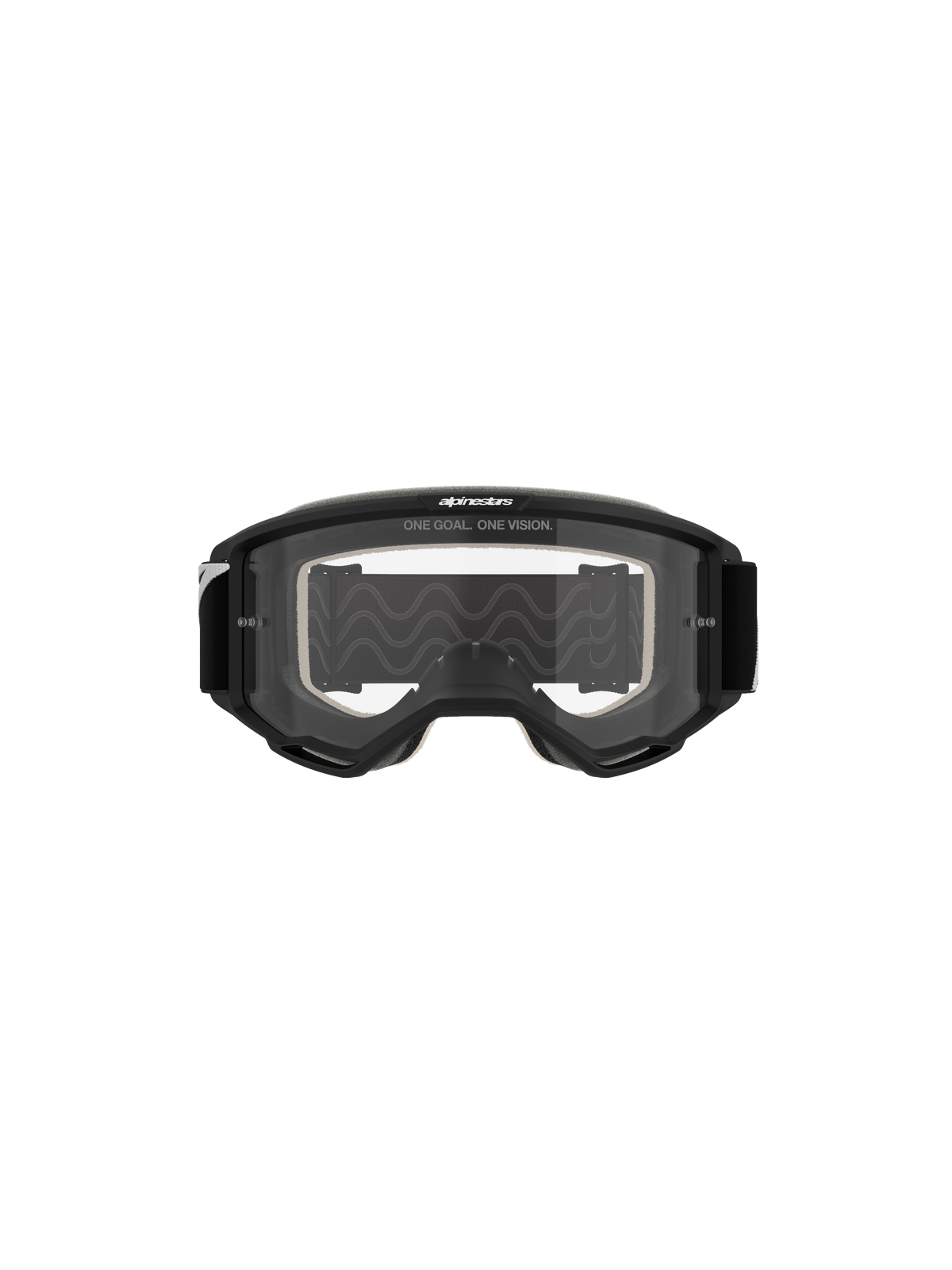 Óculos Alpinestars Vision 5 Corp, óculos de motocross, armação preta com lente transparente, vista frontal, com a inscrição 'ONE GOAL. ONE VISION.' no topo, design de campo de visão amplo para corridas todo-o-terreno