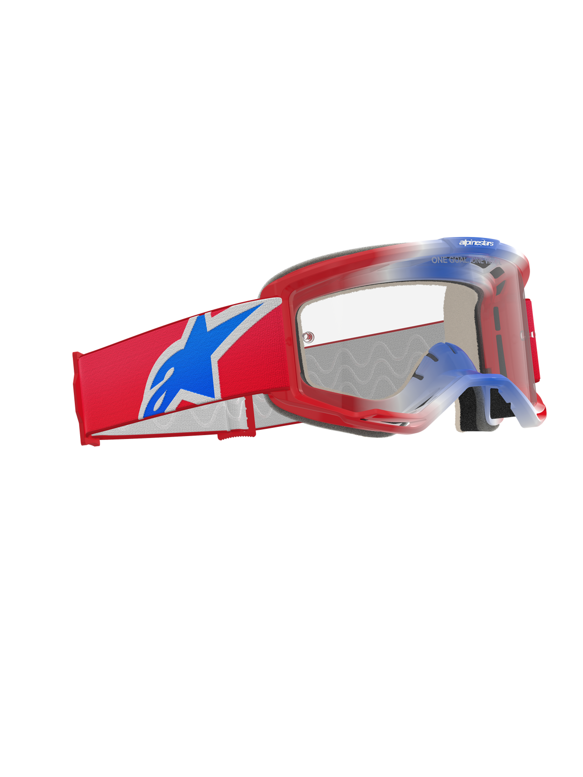 Alpinestars Vision 5 Corp Goggles, Motocross Goggles, Red White and Blue with Clear Lens, featuring a wide red woven strap with a large blue Alpinestars star logo, lightweight red A-FLEX frame, and high-performance eye protection for off-road racing