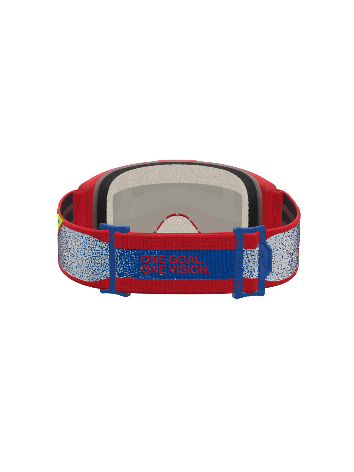Alpinestars Vision 5 Drag Goggles for motocross in red and blue, featuring a manifesto strap and plush face foam.