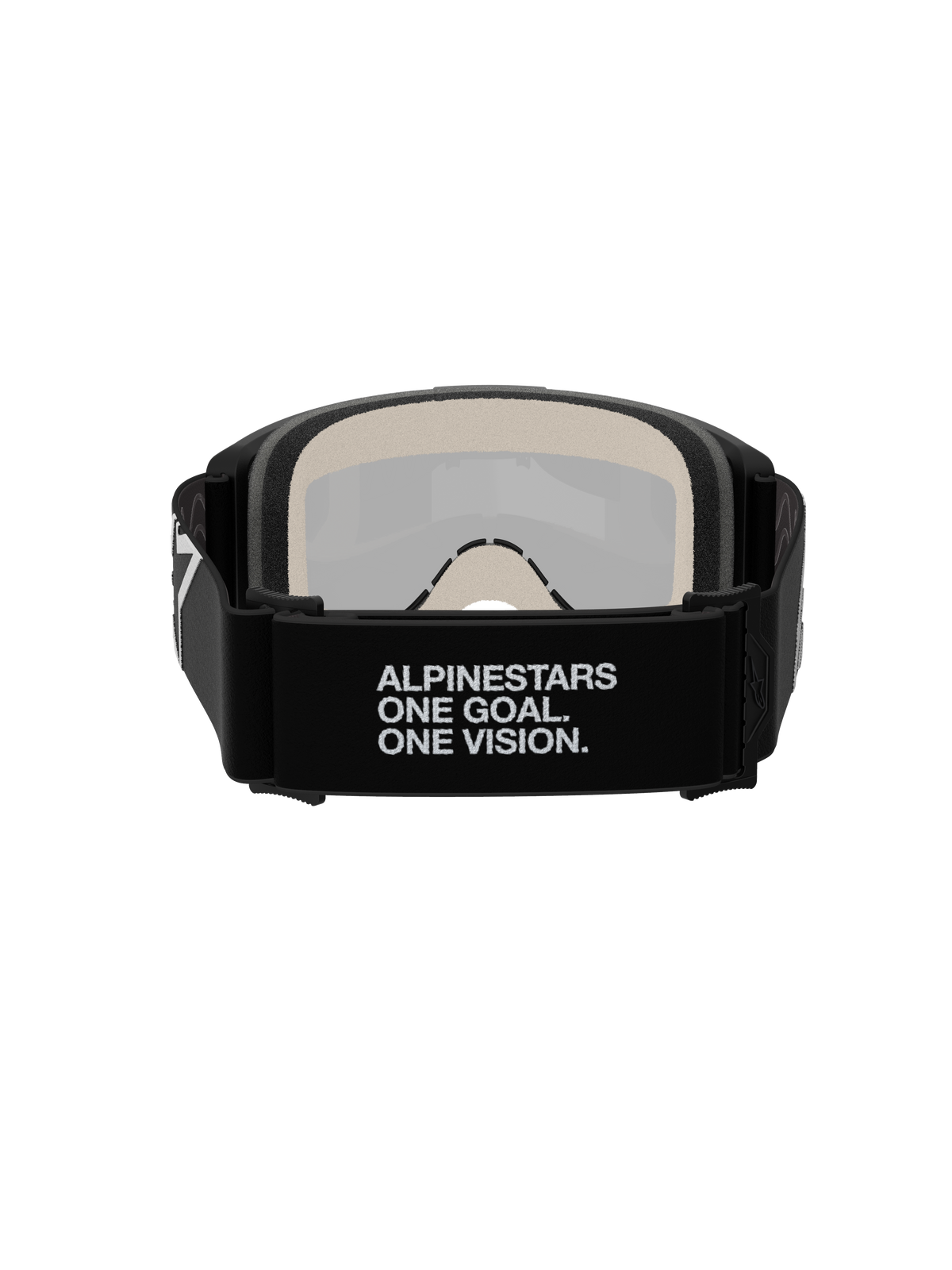 Óculos Alpinestars Vision 5 Corp, óculos de motocross, vista traseira, com fita tecida preta e slogan branco 'ALPINESTARS ONE GOAL. ONE VISION.', espuma facial multicamada de 17 mm, lente espelhada prateada visível do interior, concebidos para um ajuste seguro e performance em todo-o-terreno