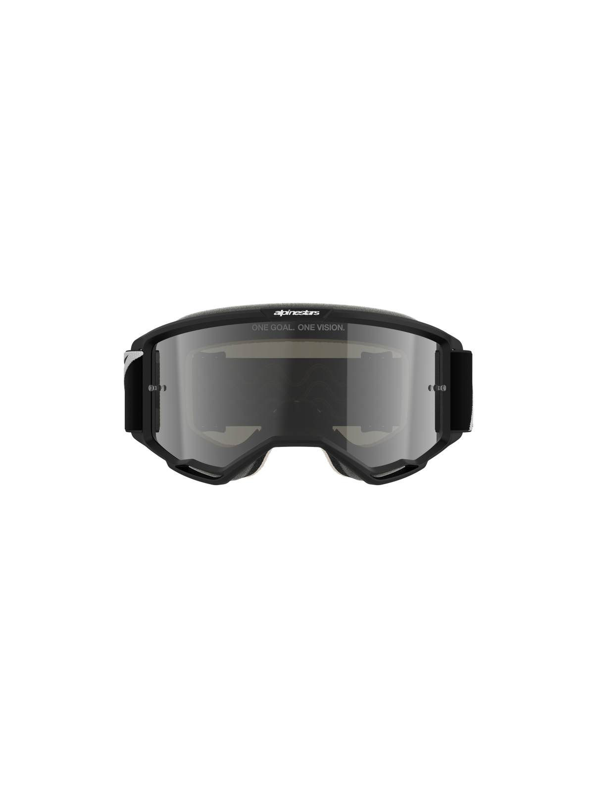 Alpinestars Vision 5 Corp Goggles, óculos de motocross, pretos com lente Mirror Silver, vista frontal apresentando o texto 'ONE GOAL. ONE VISION.' e o logótipo Alpinestars, design elegante para corridas de todo-o-terreno e motocross