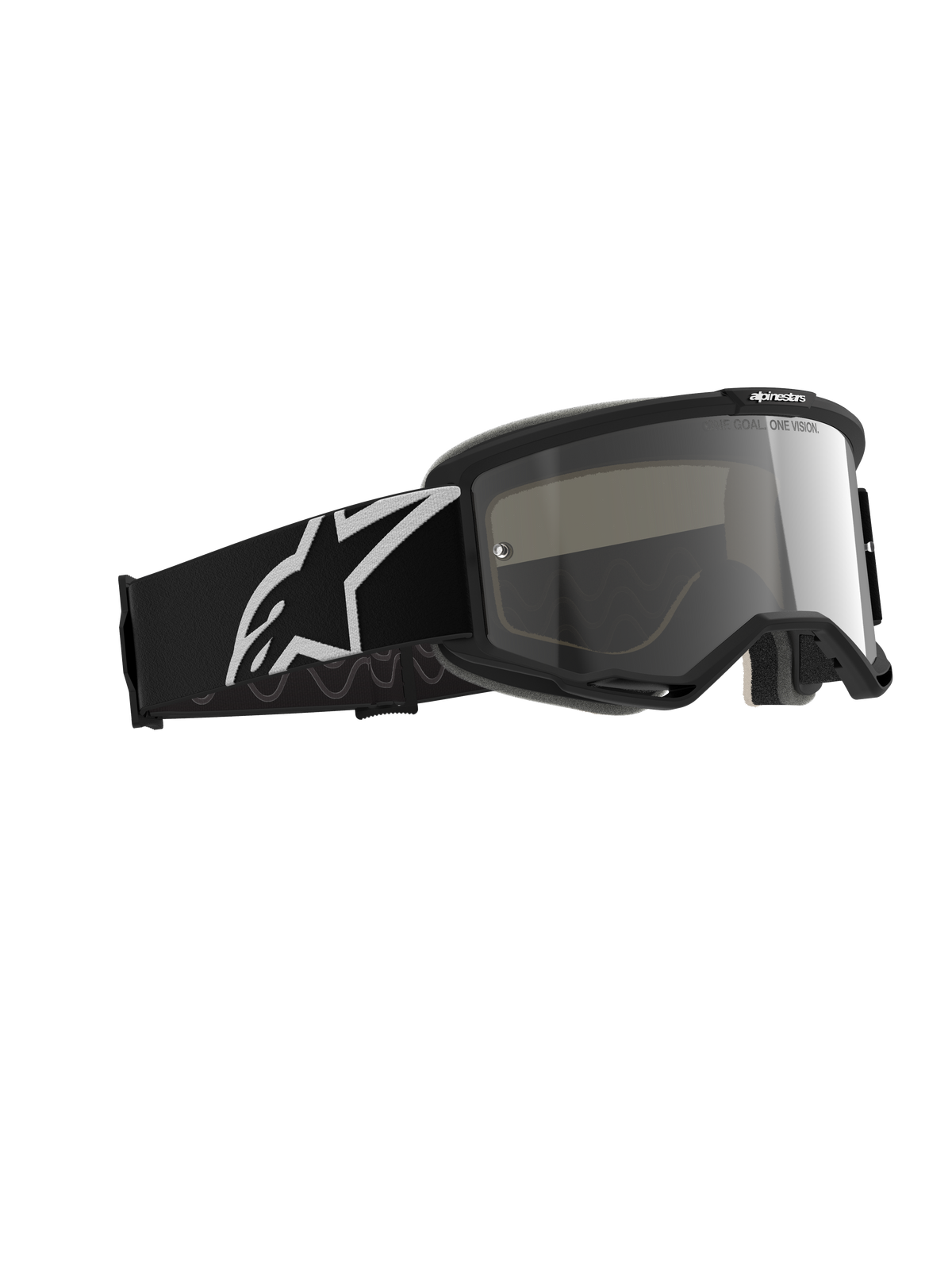 Óculos Alpinestars Vision 5 Corp, óculos de motocross, Black Mirror Silver, armação preta com lente espelhada prateada, fita preta larga com um grande logótipo Alpinestars branco, concebidos para desempenho em todo-o-terreno