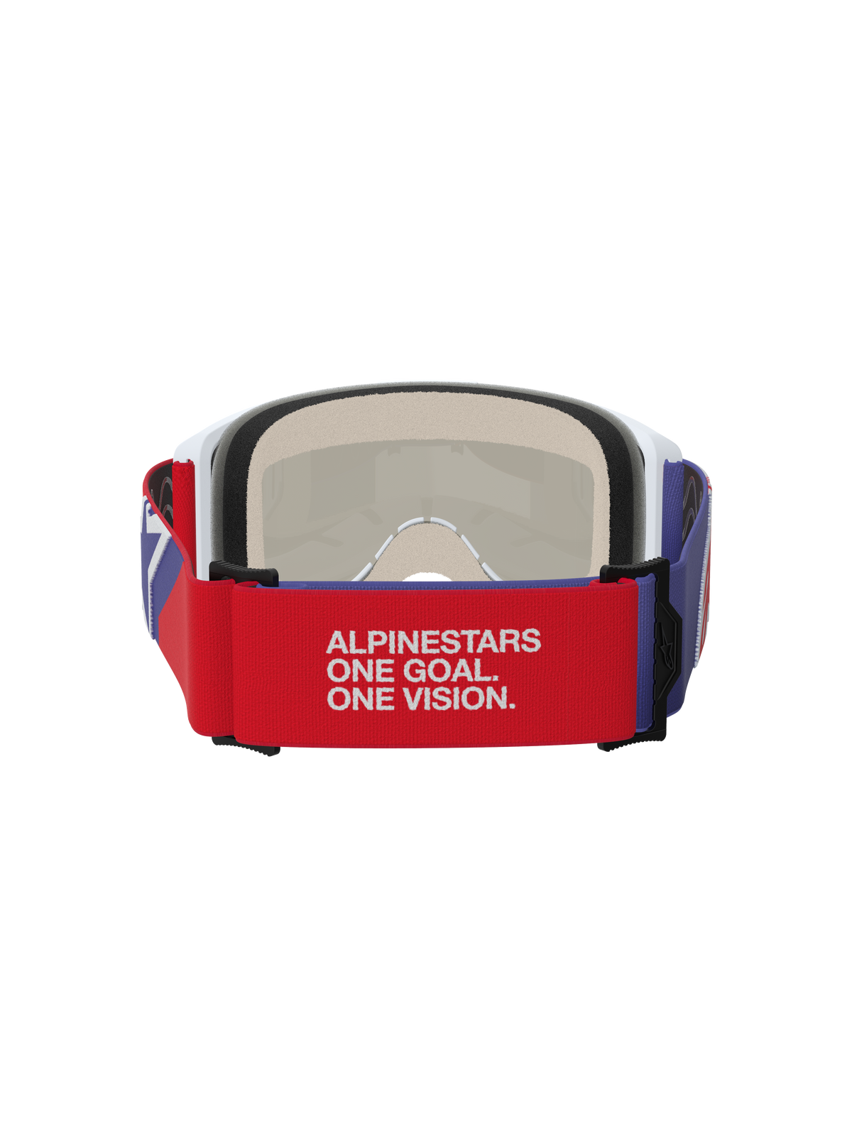 Alpinestars Vision 5 Corp Goggles, Motocross Goggles, Red and Purple, rear view featuring a red elastic strap with white 'ALPINESTARS ONE GOAL. ONE VISION.' slogan, white frame with beige multi-stage face foam, durable off-road eye protection