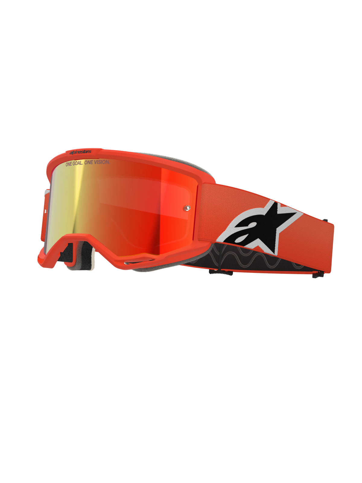 Alpinestars Vision 5 Corp Goggles, Motocross MX Goggles, Orange frame with Red Mirror lens, featuring a wide orange strap with a bold black and white Astar logo, 'ONE GOAL. ONE VISION.' lens branding, and thick black comfort foam.