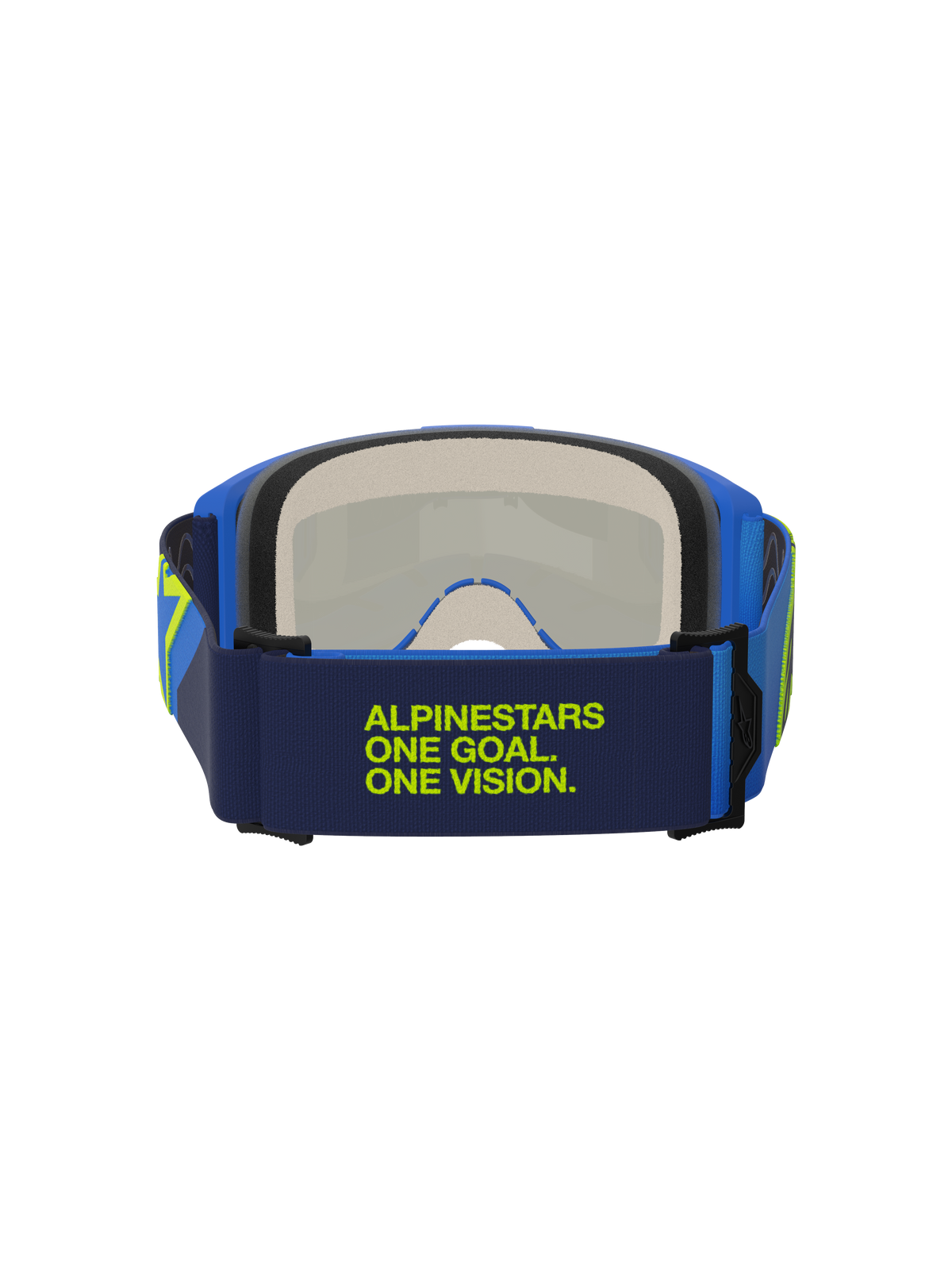 Alpinestars Vision 5 Corp Goggles, Blue and Yellow Fluo, rear view showing dark blue strap with lime green 'Alpinestars One Goal One Vision' text, blue frame and multi-stage face foam, motocross eye protection