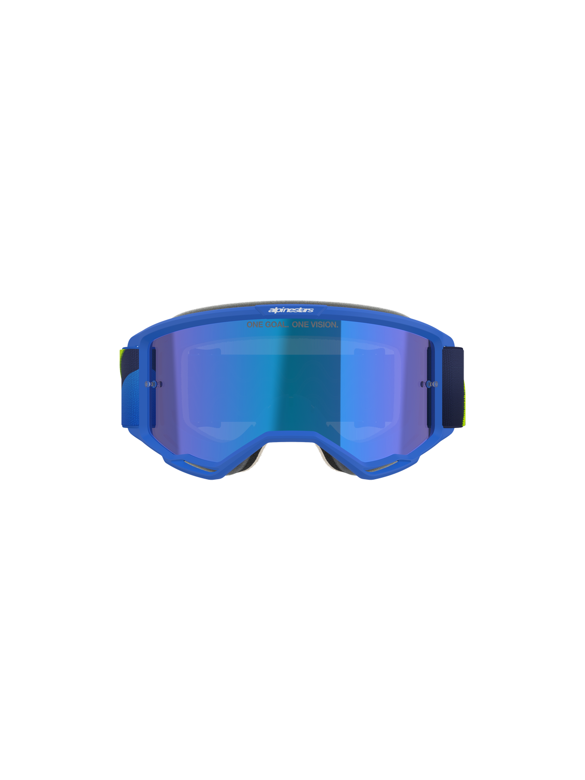 Alpinestars Vision 5 Corp Goggles, Motocross Goggles, Blue and Yellow Fluo, Mirror Blue lens with 'ONE GOAL. ONE VISION.' text, front view, ultra-pliable A-FLEX urethane frame, protective eyewear for off-road performance