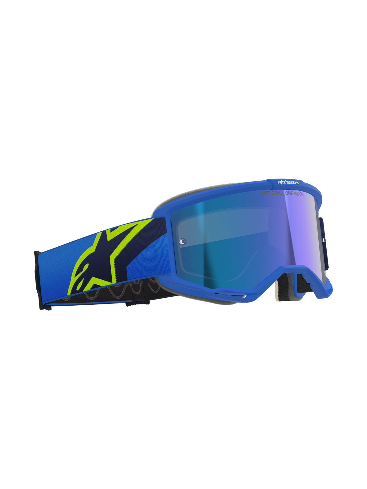 Alpinestars Vision 5 Corp Goggles, Motocross Goggles, Blue and Yellow Fluo with Mirror Blue lens, blue strap featuring a large yellow fluo star logo, 'ONE GOAL. ONE VISION.' text on lens, professional off-road eye protection