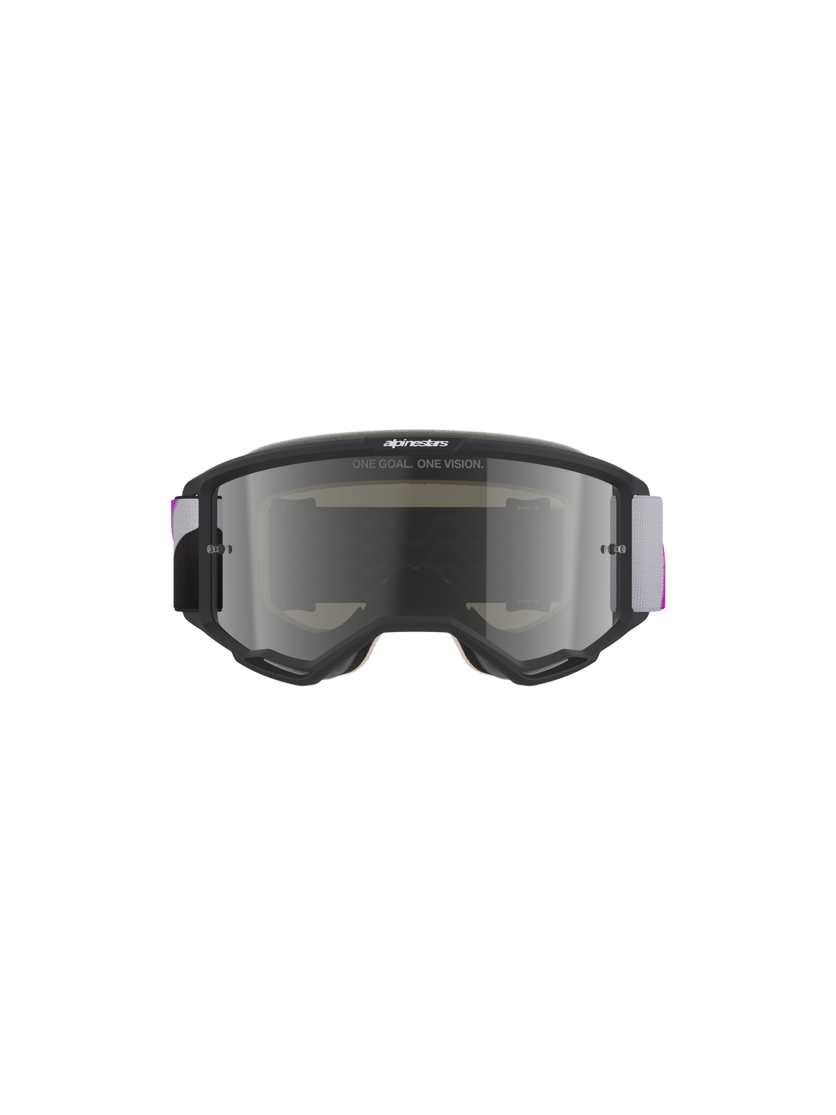 Alpinestars Vision 5 Corp Goggles, óculos de motocross, armação cinzenta clara com lente espelhada prateada e púrpura, vista frontal com o texto 'ONE GOAL. ONE VISION.', fita tecida ajustável em cinzento e púrpura, proteção ocular de alta performance para todo-o-terreno