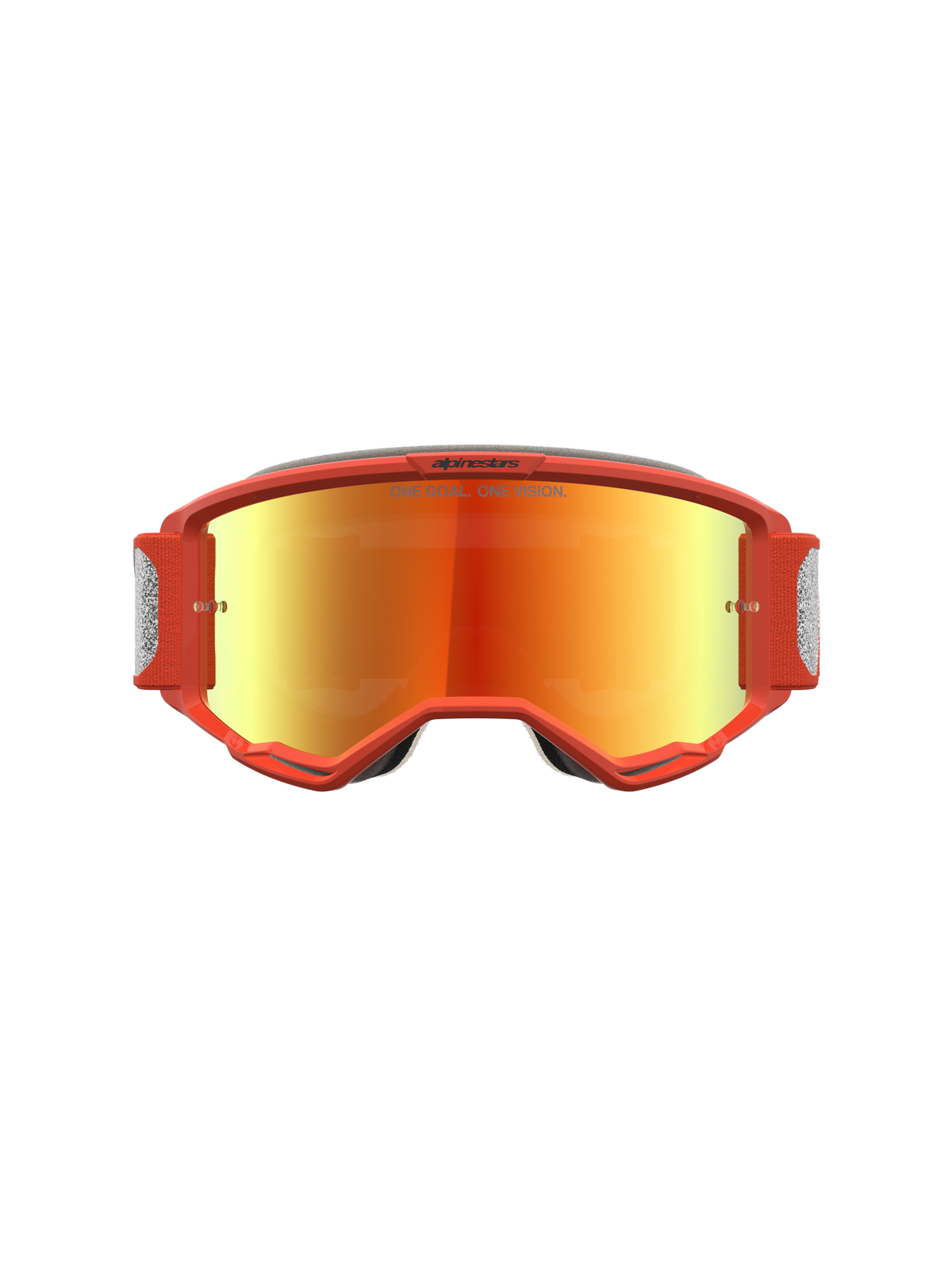 Alpinestars Vision 5 Rora, óculos de motocross laranja, lente espelhada prateada, estrutura A-FLEX para todo-o-terreno.
