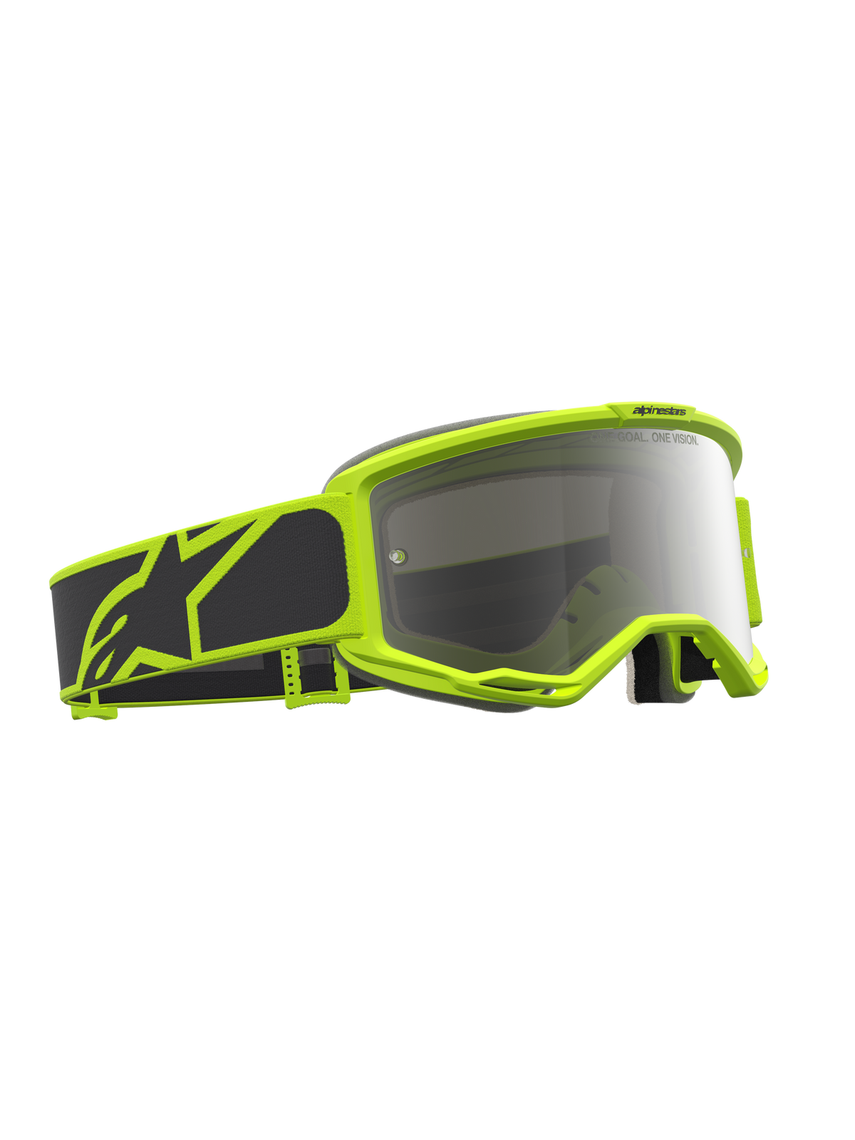 Alpinestars Vision 5 Rora, óculos de motocross pretos e amarelo fluo, com lente prateada espelhada e ventilação RAM-AIR