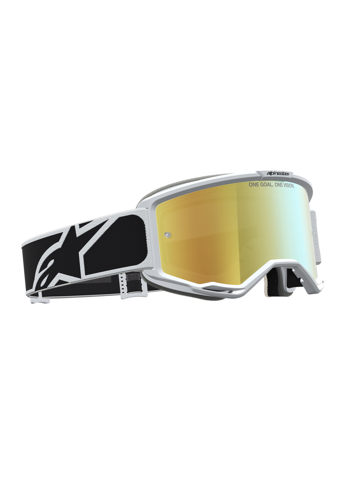 Alpinestars Óculos Vision 5 Rora, óculos de motocross com armação branca, lente dourada espelhada e correia gráfica preta.