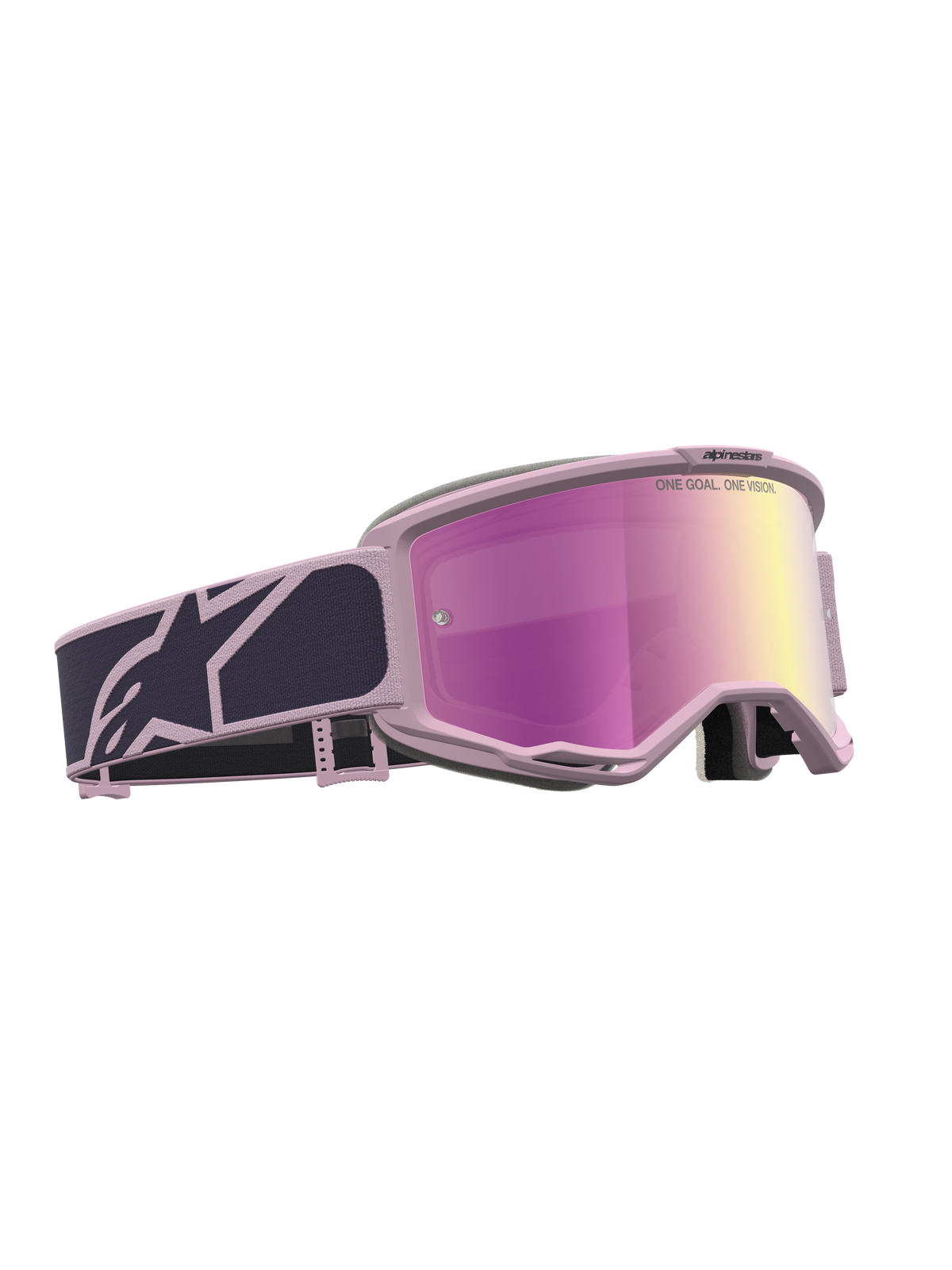 Alpinestars Vision 5 Rora, óculos de motocross cinzentos e rosa, lente rosa espelhada, ventilação RAM-AIR e armação A-FLEX ultra-flexível.