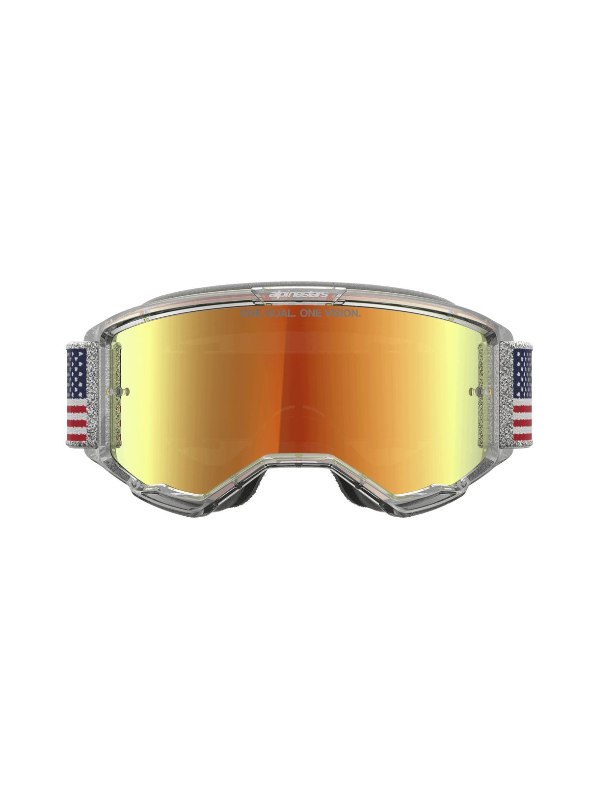 Alpinestars Vision 5 Le Fiftyfold Goggle, óculos de motocross de edição limitada, lente espelhada vermelha, armação transparente A-FLEX e fita com padrão de bandeira.