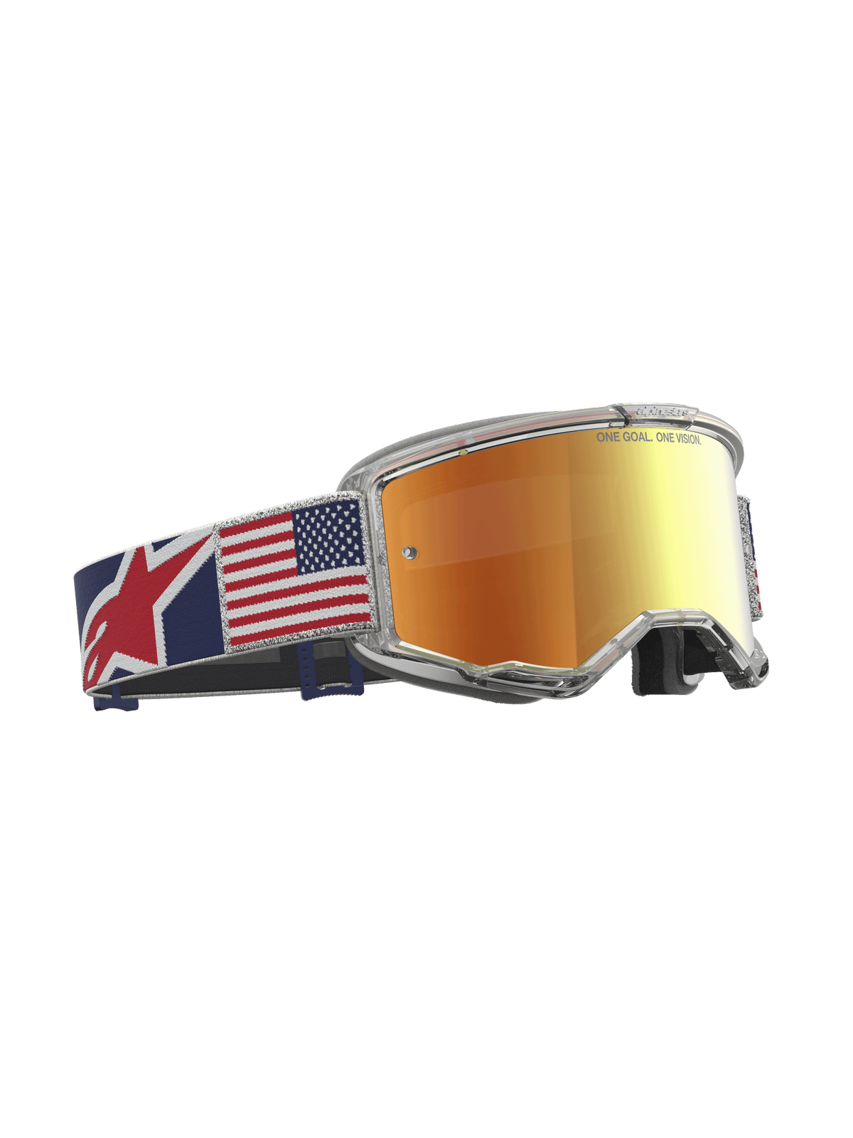 Alpinestars Vision 5 Le Fiftyfold, óculos de motocross de edição limitada, lente vermelha espelhada, armação transparente e fita com a bandeira dos EUA, equipamento para todo-o-terreno