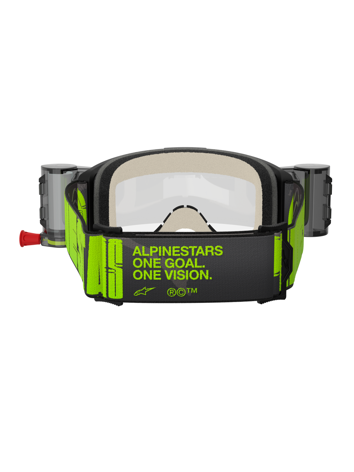 Alpinestars Vision 5 Hollow Goggles Roll Off, Motocross Goggles, Charcoal and Fluo Yellow, rear view of wide woven strap featuring 'ALPINESTARS ONE GOAL. ONE VISION.' slogan in neon yellow, thick multi-layer face foam, roll-off system canisters