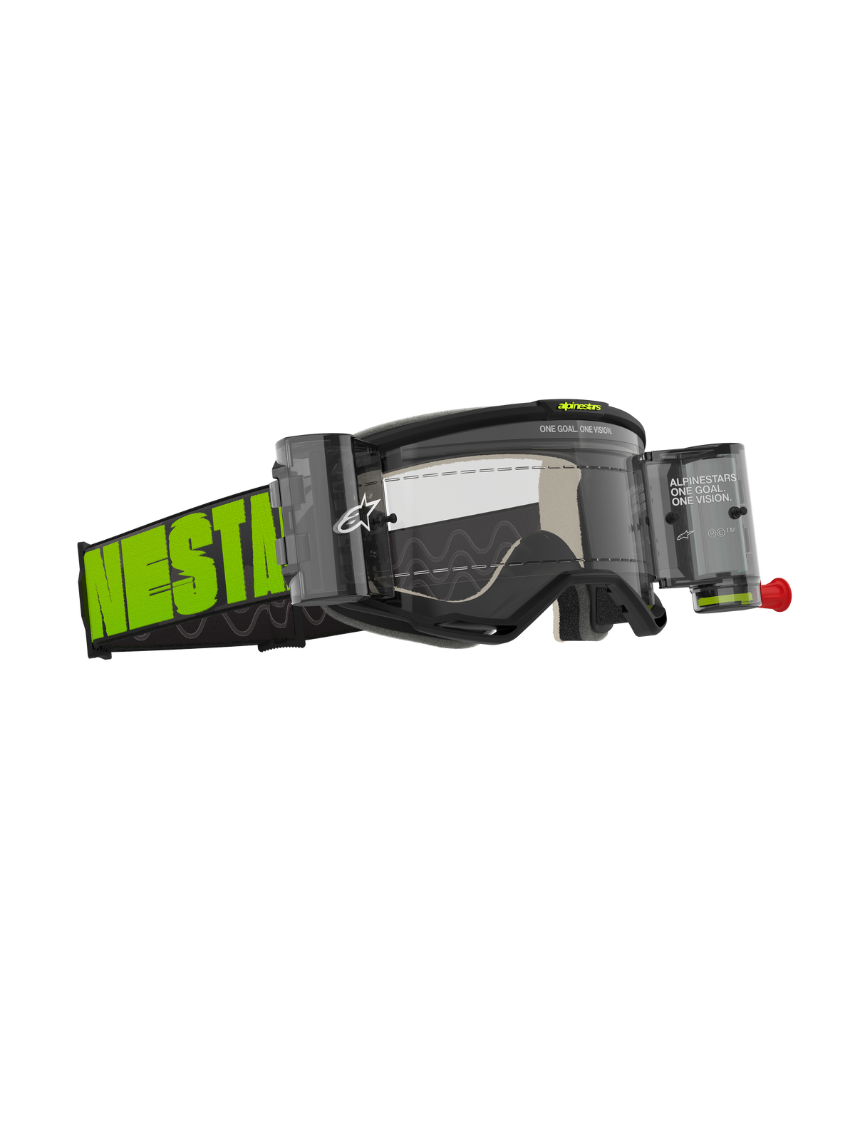 Óculos Alpinestars Vision 5 Hollow Roll Off, óculos de motocross, cinzento e amarelo fluo, lente transparente com canisters de roll-off integrados, fita tecida larga com logótipo em verde néon de destaque, armação A-FLEX e espuma facial multicamada para desempenho todo-o-terreno