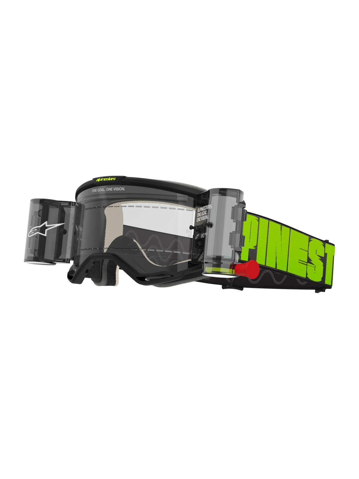 Alpinestars Vision 5 Hollow Goggles Roll Off, Motocross Goggles, Charcoal and Fluo Yellow, clear anti-fog lens with integrated WIDE-VISION roll-off system, bold fluo yellow strap with black branding, durable off-road protective eyewear