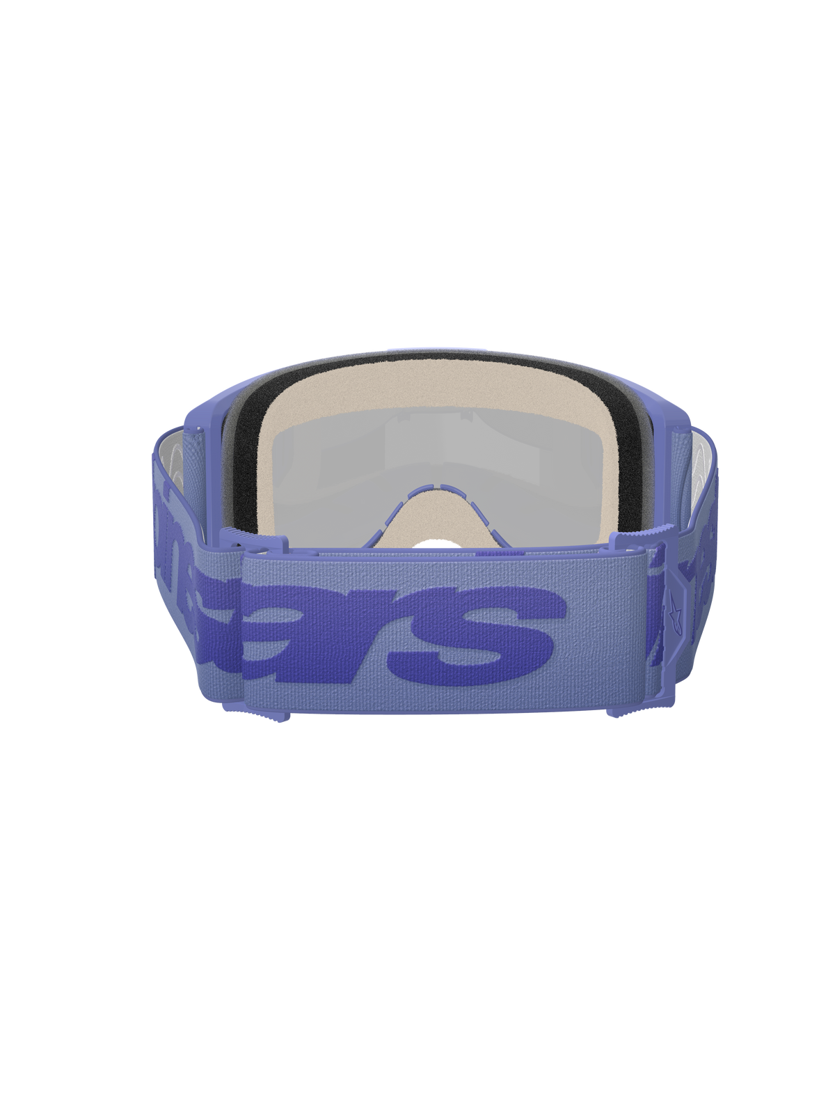Óculos Alpinestars Vision 5 Wordmark, óculos de motocross, Roxo Mirror Blue, vista traseira que mostra a espuma facial espessa de várias camadas e correia roxa ajustável com logótipo wordmark grande em azul, óculos de proteção de alta performance para corridas off-road