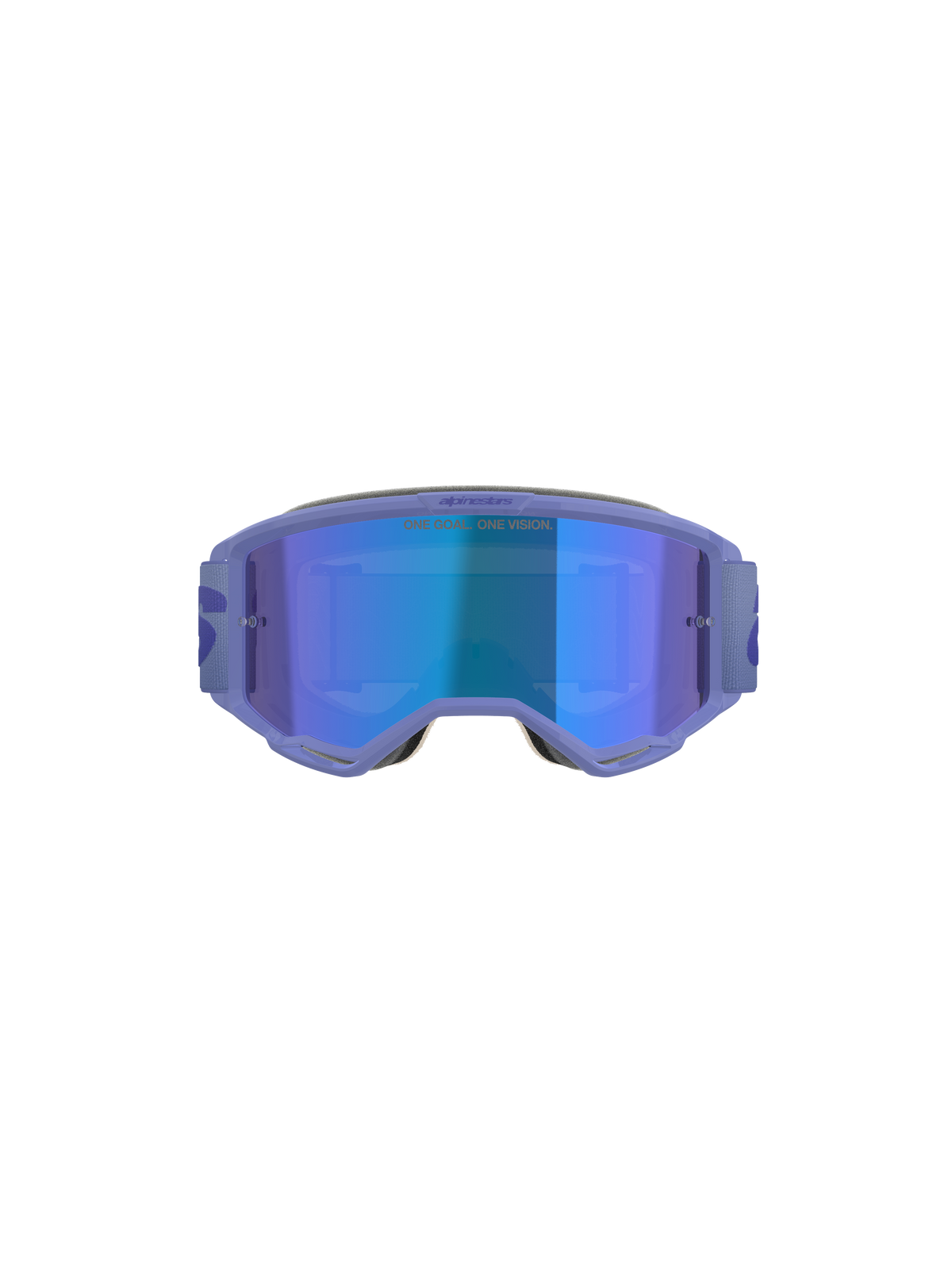 Óculos Alpinestars Vision 5 Wordmark, óculos de motocross, roxos com lente espelhada azul, vista frontal com um amplo campo de visão, tira ajustável e branding em destaque