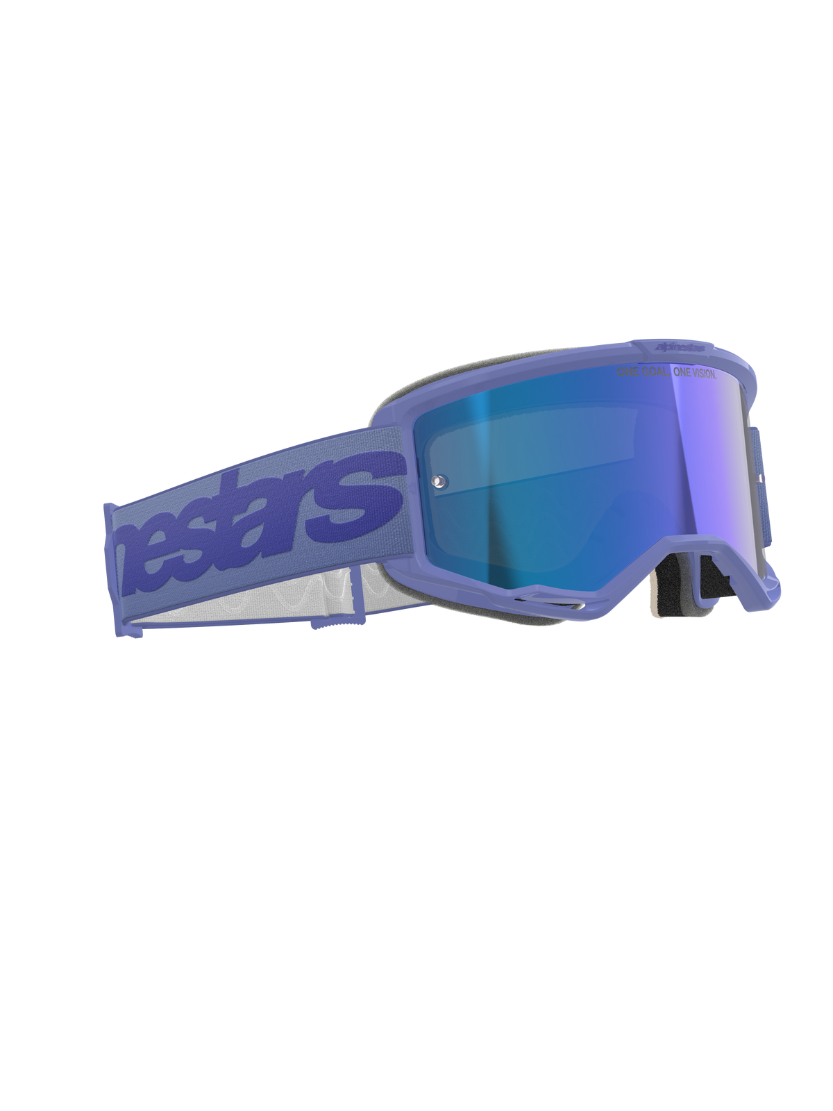 Óculos Alpinestars Vision 5 Wordmark, óculos de motocross, roxo e azul espelhado, com armação roxa e lente azul refletora, tira larga roxa com a marca Alpinestars, design ergonómico para corridas off-road