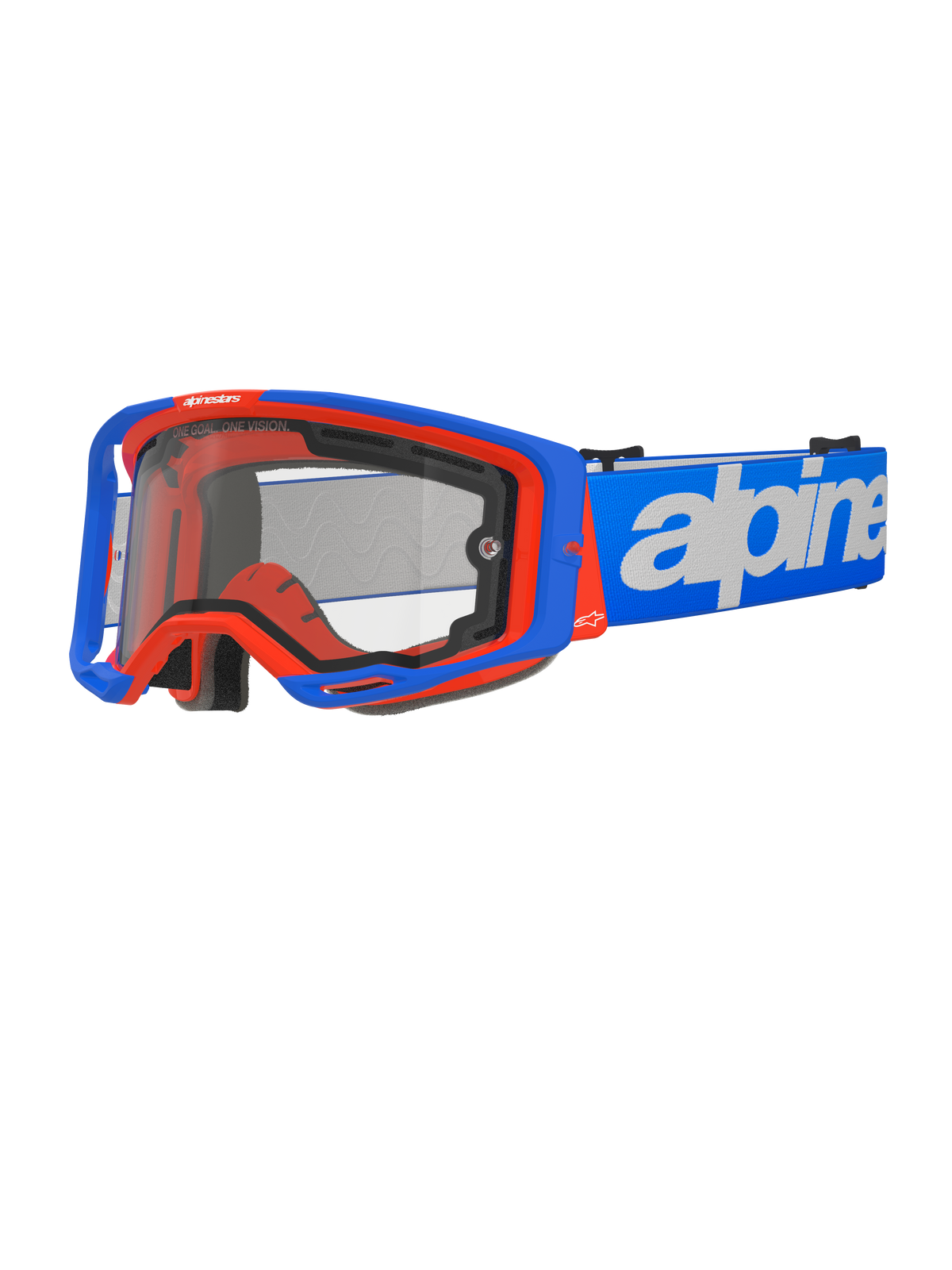 Alpinestars Vision 8 Wordmark Goggles Dual Pane, Motocross Goggles, Blue and Orange, Clear Dual Pane Lens, Blue Strap with White Wordmark Branding, Black Foam Padding, Off-Road Racing Gear