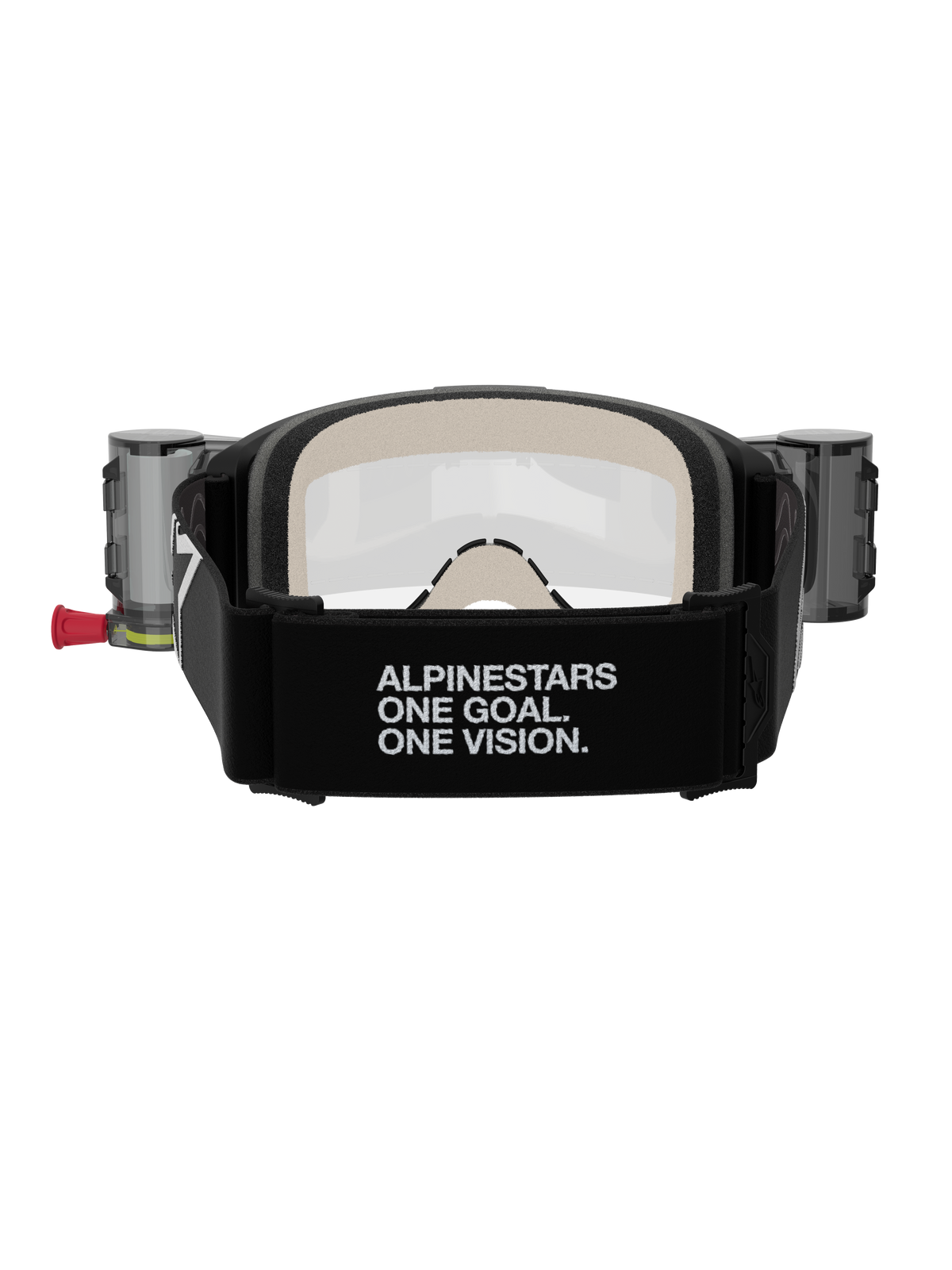 Alpinestars Vision 5 Corp Goggles Roll Off, óculos de motocross, pretos e transparentes, vista traseira com uma tira preta larga com a inscrição 'ALPINESTARS ONE GOAL. ONE VISION.', depósitos do sistema roll-off e espuma facial confortável de várias camadas