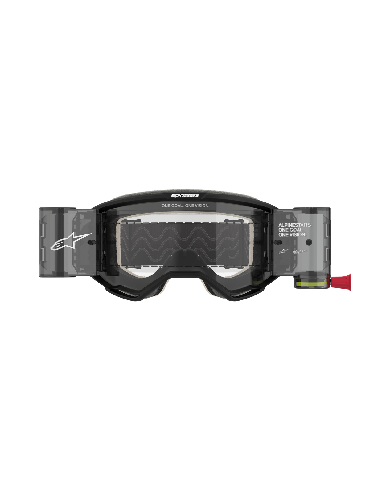 Alpinestars Vision 5 Corp Goggles Roll Off, óculos de motocross, pretos com lente transparente, com reservatórios integrados do sistema Wide Vision Roll-Off, lente de policarbonato anti-embaciamento, armação de uretano A-FLEX e logótipo Alpinestars em destaque.