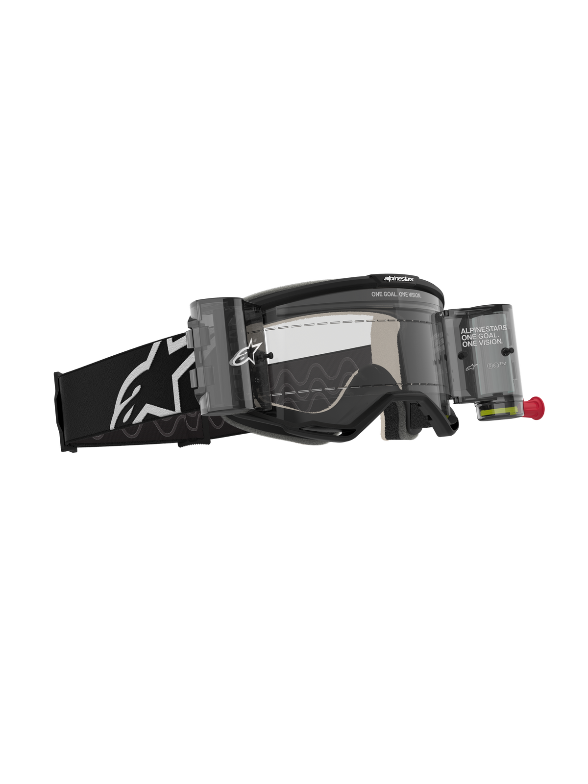 Alpinestars Vision 5 Corp Goggles Roll Off, óculos de motocross, pretos com lente transparente, com sistema Wide Vision Roll-Off com depósitos e filme, tira tecida preta com logótipo Alpinestars branco, proteção ocular de alto desempenho para todo-o-terreno.