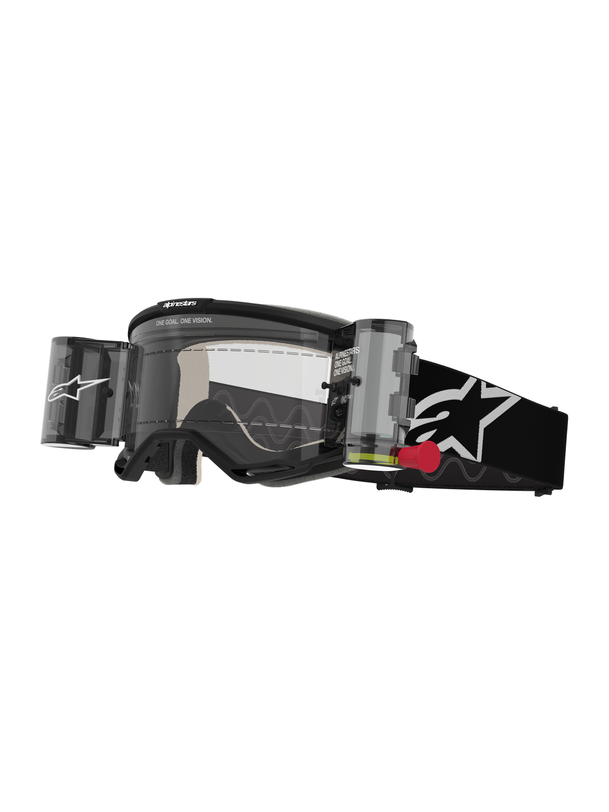 Alpinestars Vision 5 Corp Goggles Roll Off, óculos de motocross, pretos e brancos, lente transparente com sistema roll-off Wide Vision integrado, aba de puxar vermelha, fita preta com logótipo de estrela branco e marcação ONE GOAL ONE VISION
