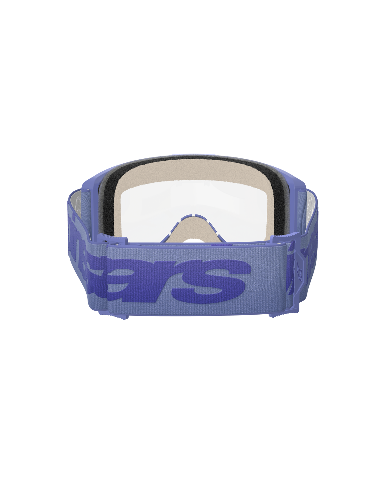 Óculos Alpinestars Vision 5 Wordmark, roxo e transparente, vista traseira que mostra a espuma facial de tripla camada, correia larga tecida em roxo com logótipo da marca em destaque, lente transparente, concebidos para motocross e condução off-road