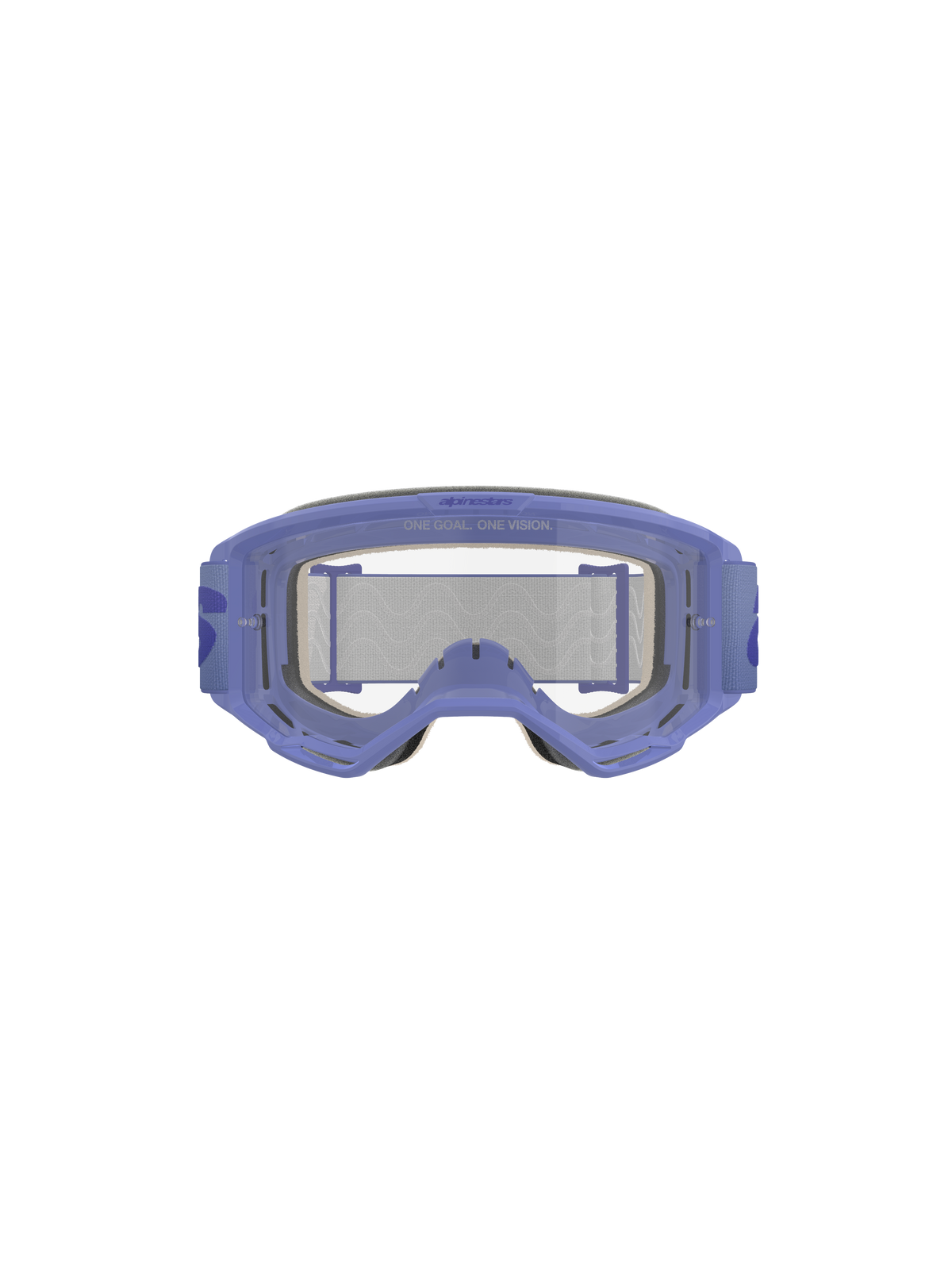 Óculos Alpinestars Vision 5 Wordmark, roxo e transparente, com armação leve de uretano A-FLEX, lente de policarbonato transparente anti-embaciamento com a inscrição 'ONE GOAL. ONE VISION.', espuma facial de várias camadas com 17 mm e fita tecida roxa com logótipo wordmark em destaque, proteção ocular profissional para motocross