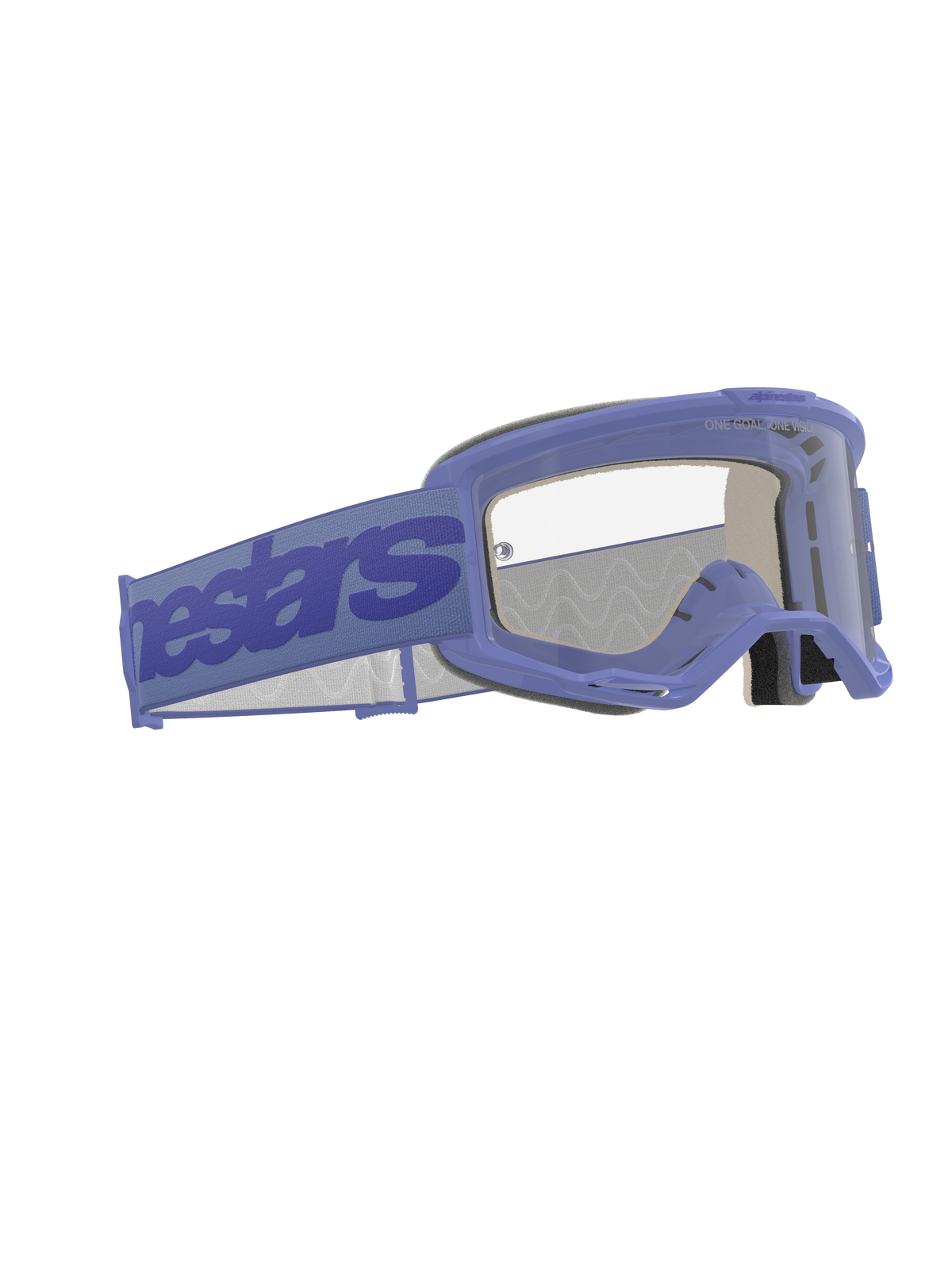 Alpinestars Vision 5 Wordmark Goggles, óculos de motocross, roxo e transparente, com uma tira larga roxa com a marca Alpinestars, armação de uretano flexível, lente transparente anti-embaciamento e espuma facial de várias camadas