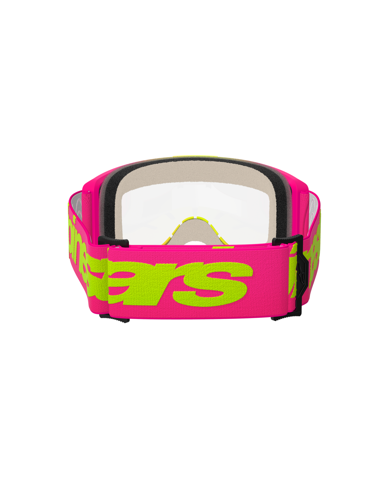 Óculos Alpinestars Vision 5 Wordmark, óculos de motocross, rosa e amarelo fluorescente, vista traseira mostrando a tira larga tecida em rosa com o logótipo Alpinestars em amarelo néon, lente transparente e acolchoamento de espuma facial de várias camadas