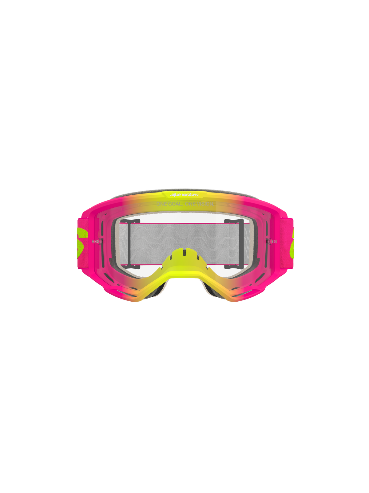 Óculos Vision 5 Wordmark Alpinestars, óculos de motocross, rosa e amarelo fluo com lente transparente, armação com gradiente vibrante, tira larga tecida com logótipo amarelo, proteção ocular de alto desempenho para condução fora de estrada
