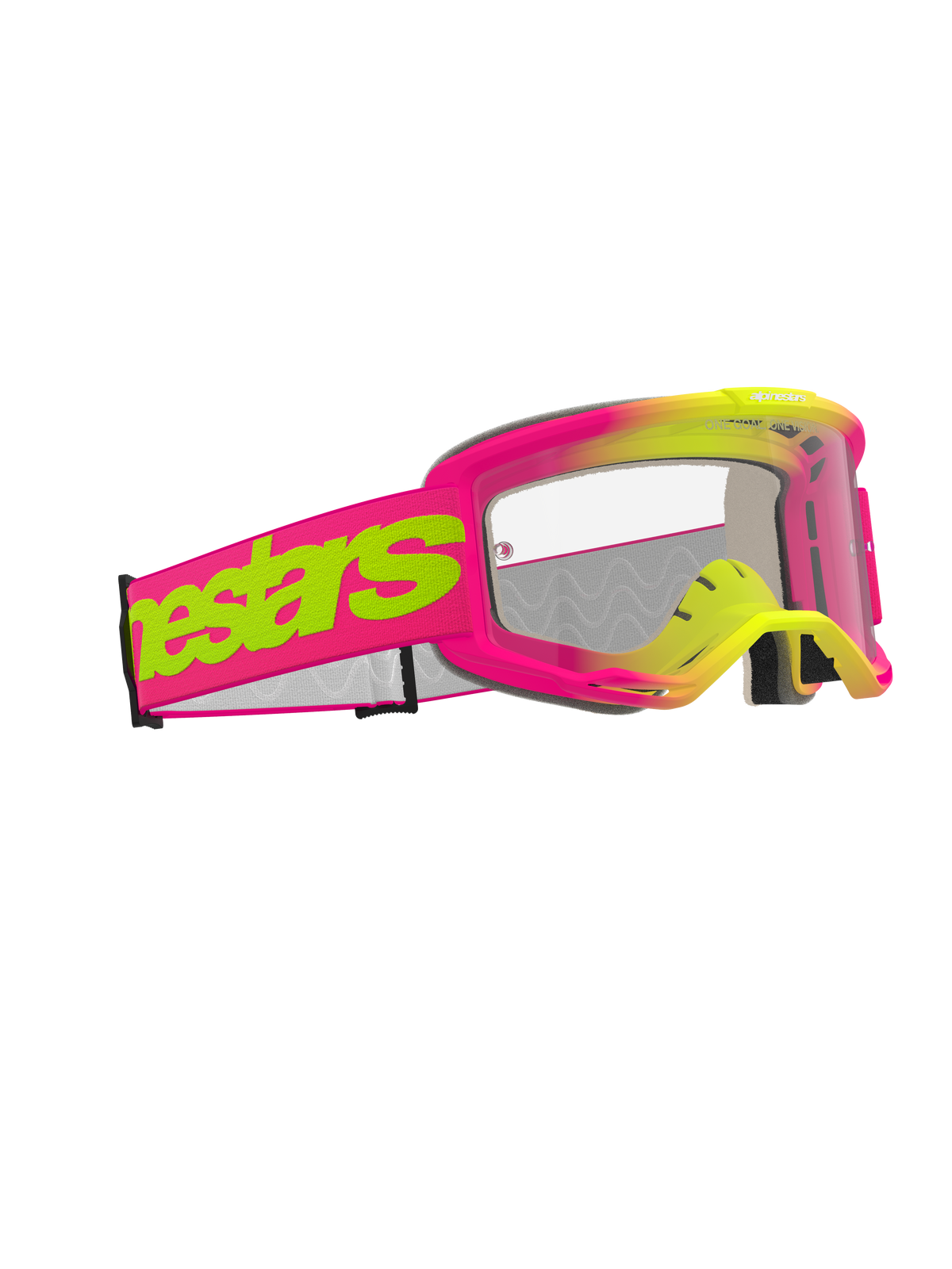 Óculos Alpinestars Vision 5 Wordmark, óculos de motocross, armação rosa e amarelo fluorescente com lente transparente, fita rosa larga com logótipo Alpinestars wordmark em amarelo néon em destaque, proteção ocular de alto desempenho para corridas todo-o-terreno